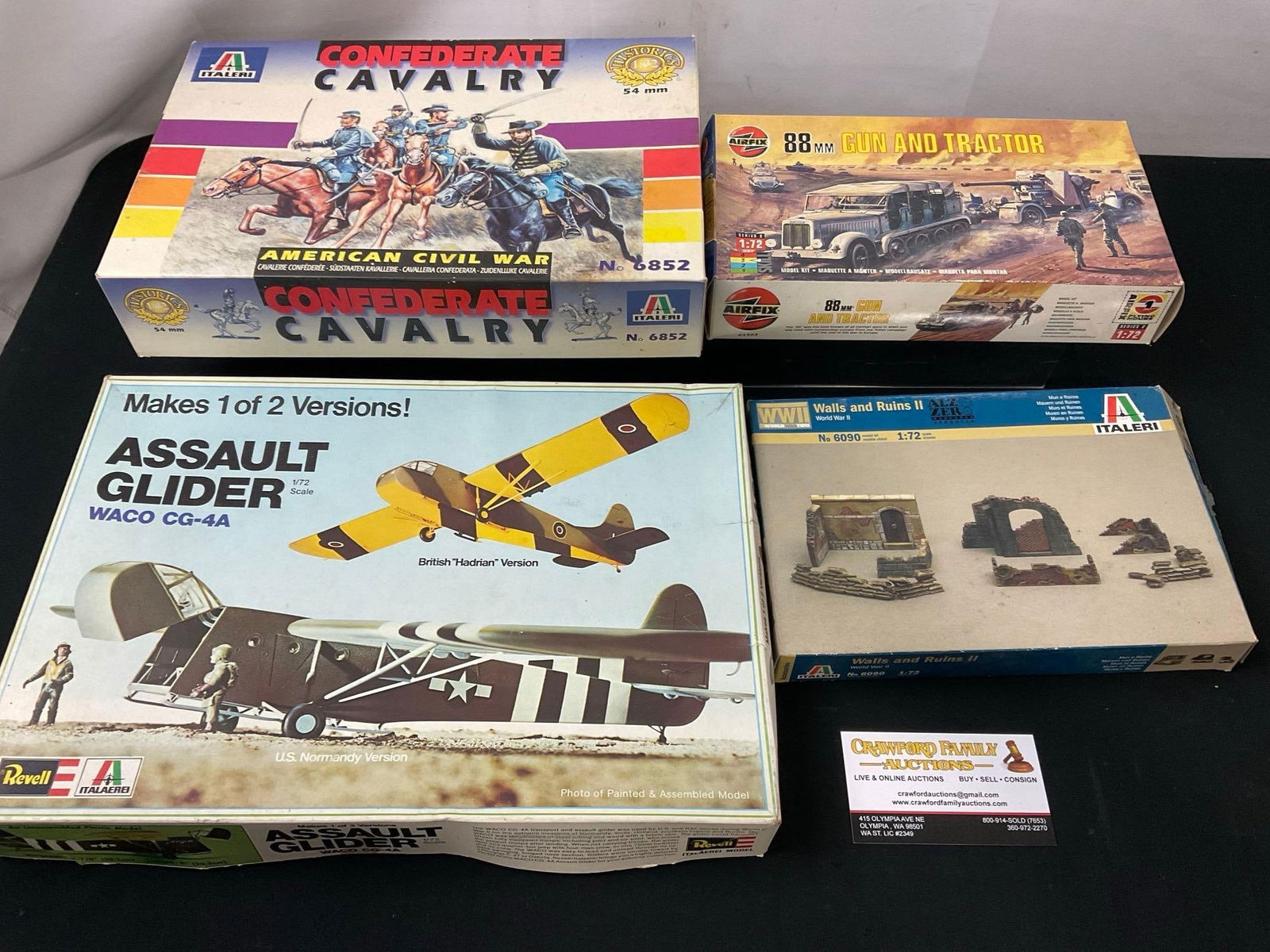 4x Model Kits, Waco CG-4A Assault Glider, Confederate Cavalry, 88mm Gun & Tractor, Walls & Ruins ...: Appears to be in fair to good shape, the boxes have been opened, cannot verify if all pieces are included. Sold as is. See pics. E-2960