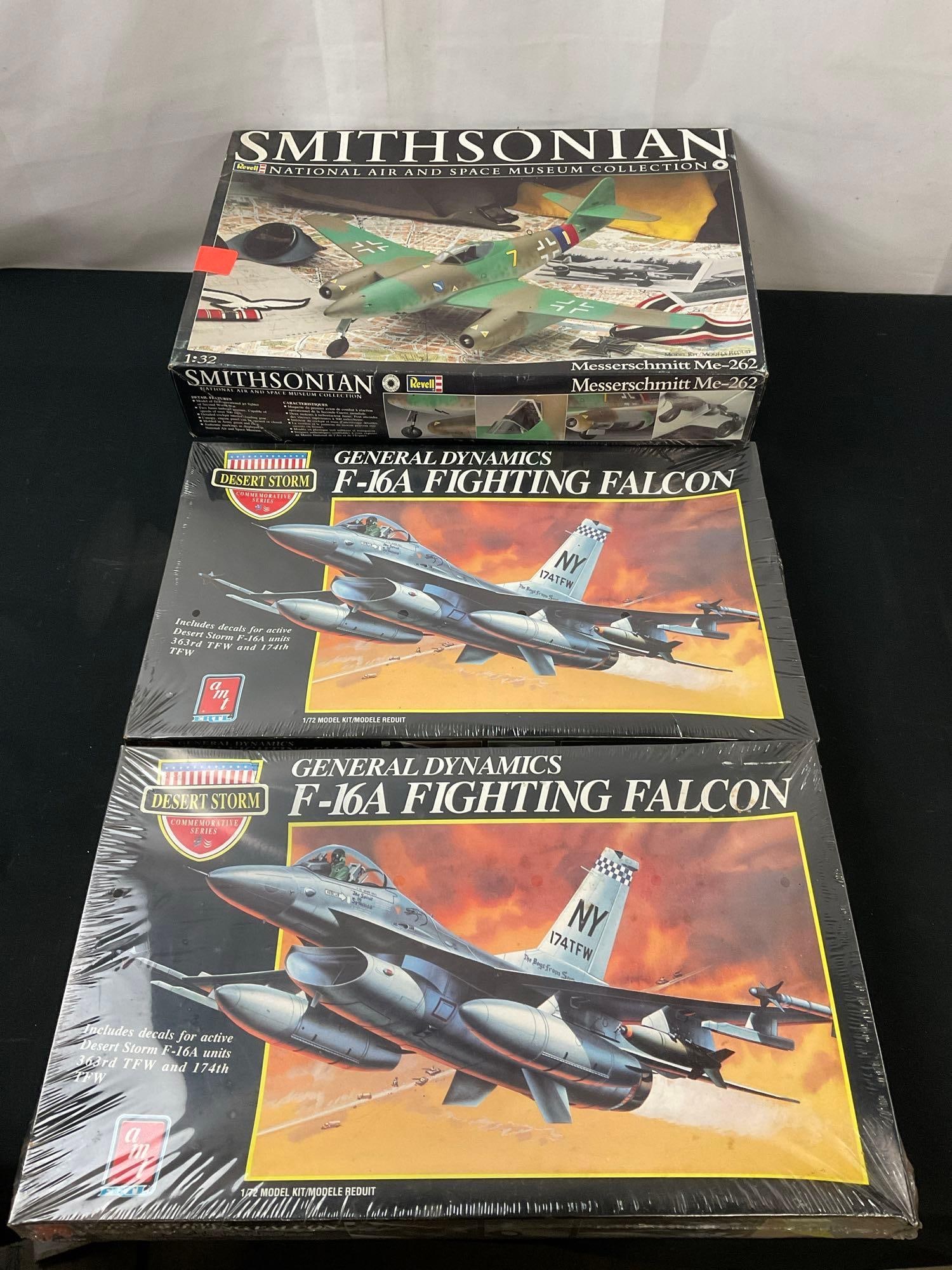 Trio of Model Plane Kits, Revell Messerschmitt Me-262, 2x AMT F-16A Fighting Falcon Jet Kits: Appears to be in fair to good shape, the boxes have been opened, cannot verify if all pieces are included. Sold as is. See pics. E-2960