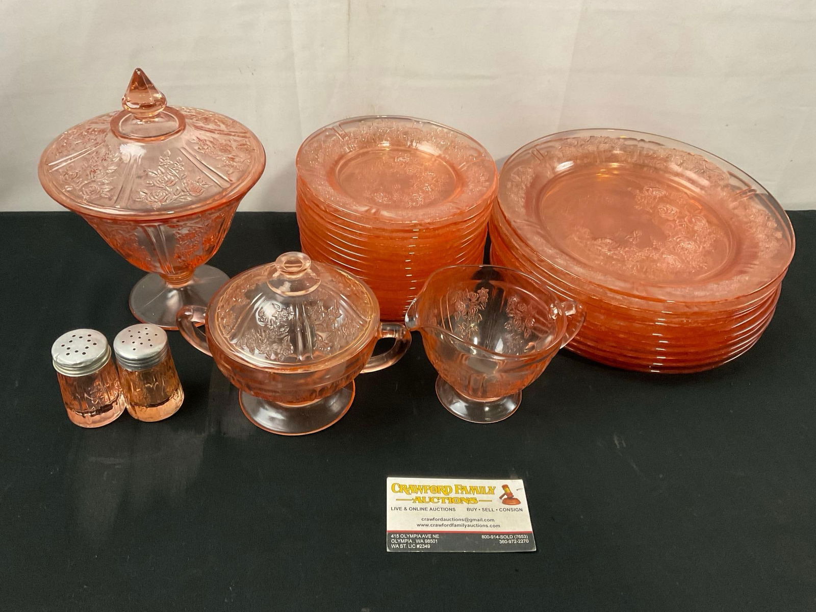 Set of 31 pieces of Pink Depression Glass, Plates, Shakers, sugar & creamer & lidded compote (1 of 4)