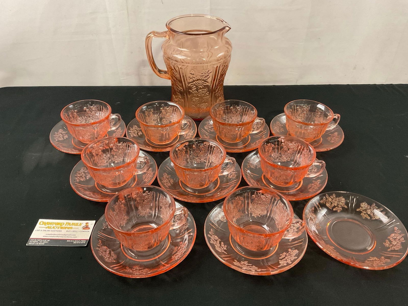 Set of 21 Pink Depression Glass Pieces, Pitcher w/ 10 cups & 10 saucers (1 of 5)