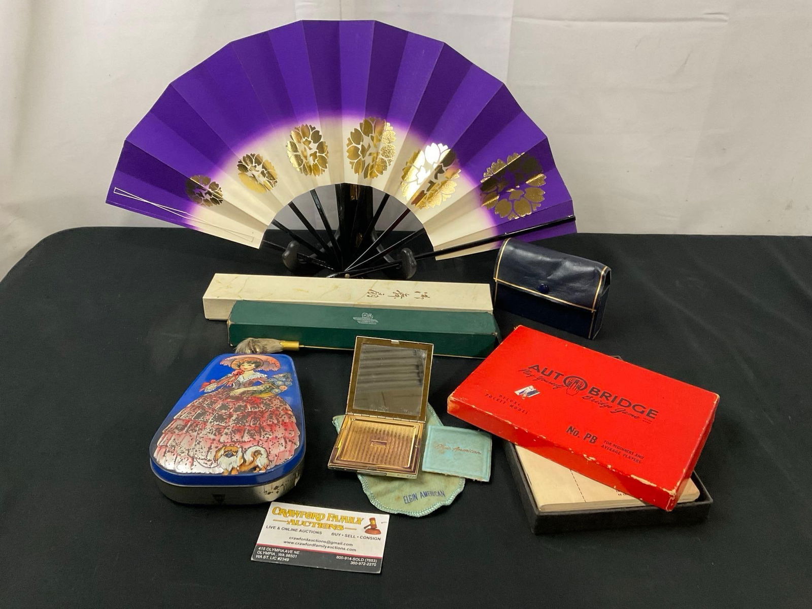 Folding Fan, Hair Pin w/ Bird claw, Elgin American Pocket Mirror w/ Powder, AutoBridge, Tin & Kit (1 of 6)
