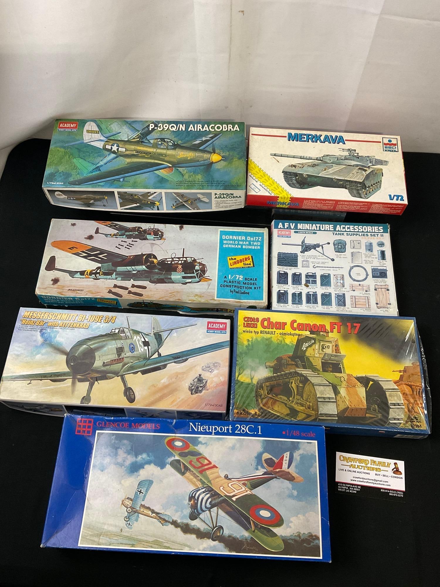 7x Model Kits, P-39Q/N Airacobra, Dornier do172, MesserschmittBf109, Char Canon Ft17, Merkava & m...: Appears to be in fair to good shape, the boxes have been opened, cannot verify if all pieces are included. Sold as is. See pics. E-2960