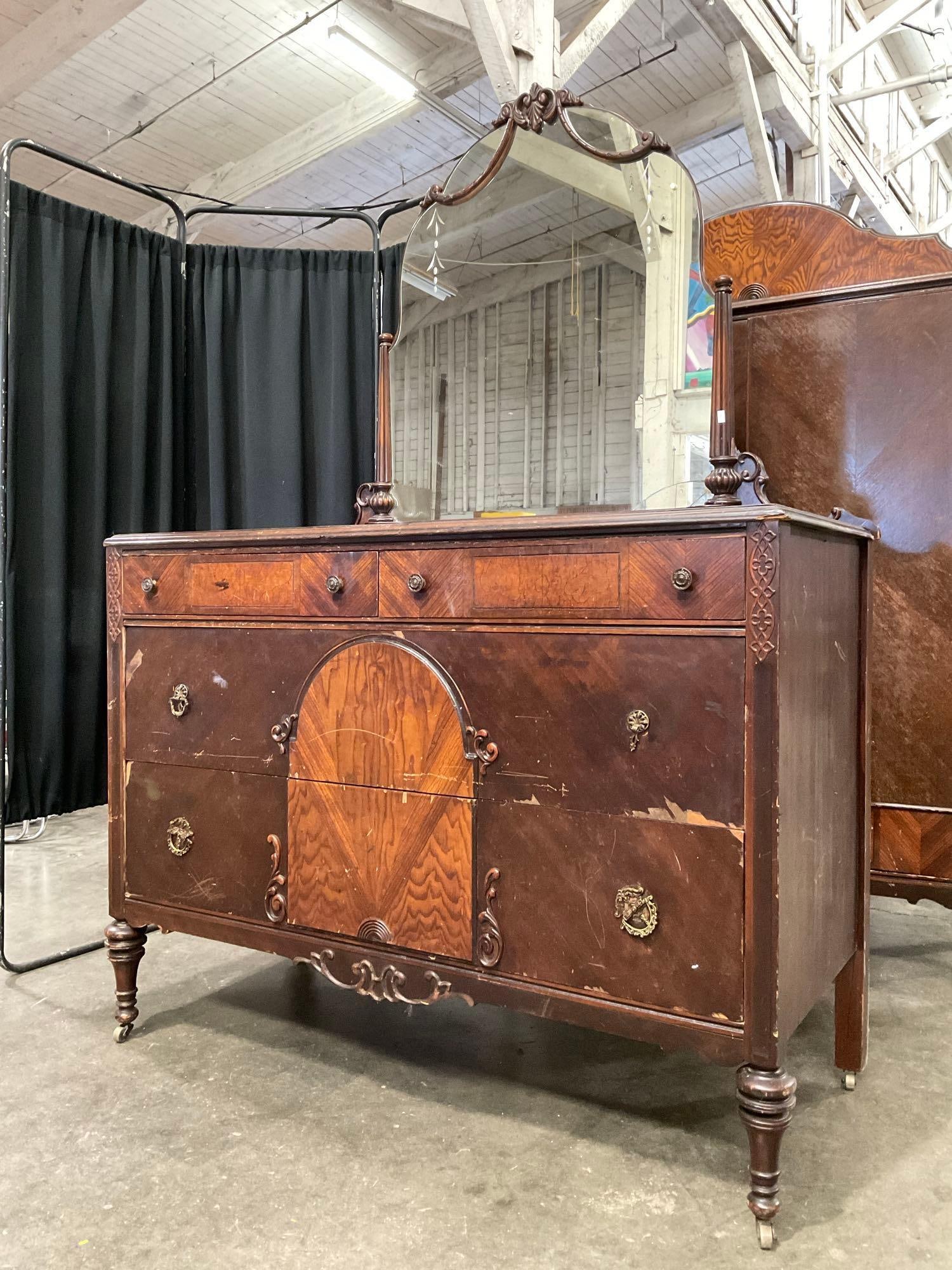 Antique Victorian Mahogany Veneer Chest of Drawers w/ Ornate Standing Mirror & Lovely Details. See (1 of 10)