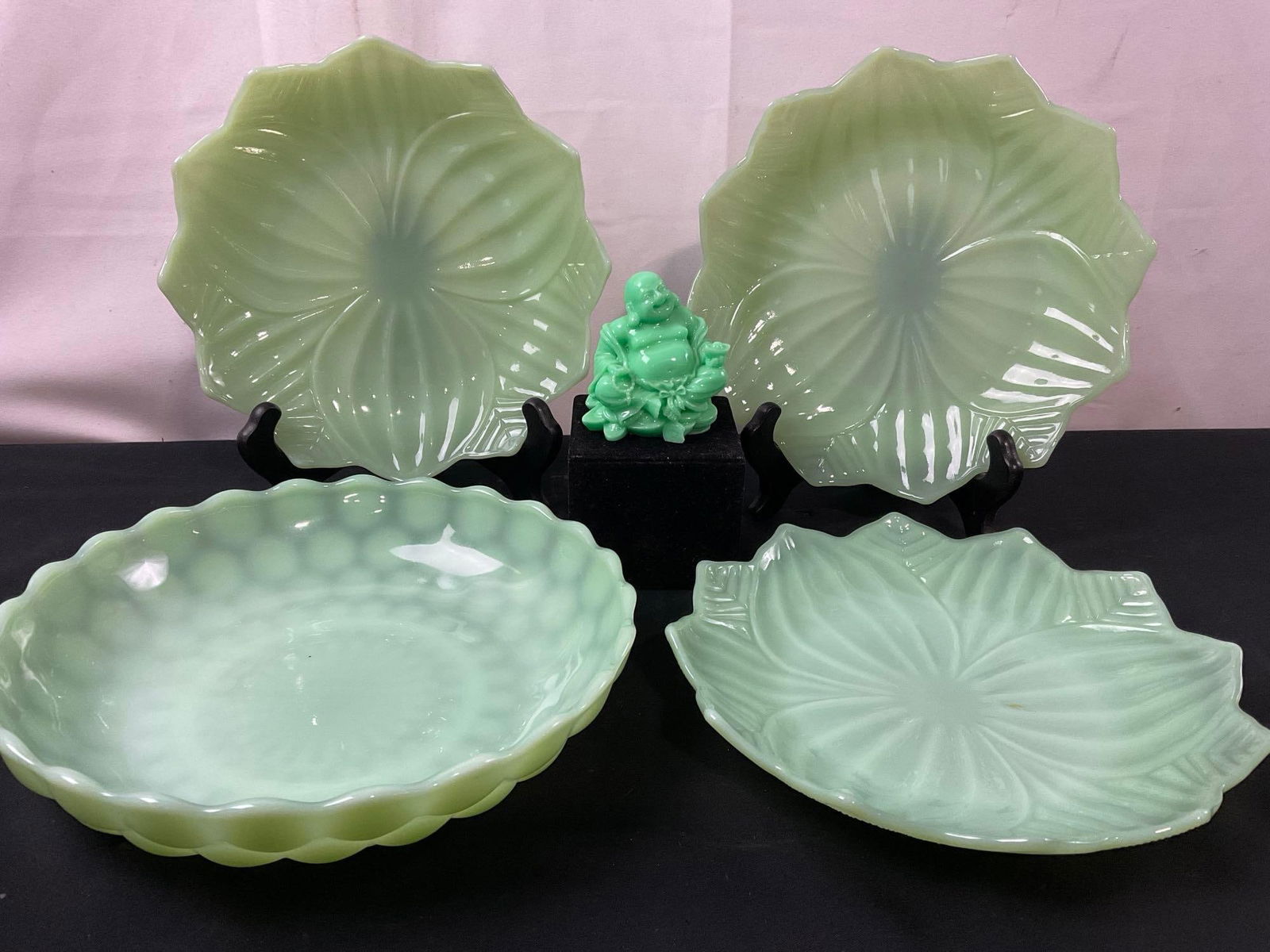 Vintage Jadeite Glass Bowl, Three Plates, & Green Resin (?) Buddha (1 of 6)