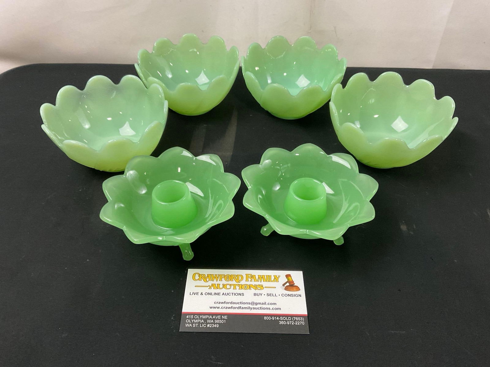 6x Pieces of Vintage Jadeite Glass, 4 Fire King Anchor Hocking Small Bowls & 2x Fenton Candlehold... (1 of 6)