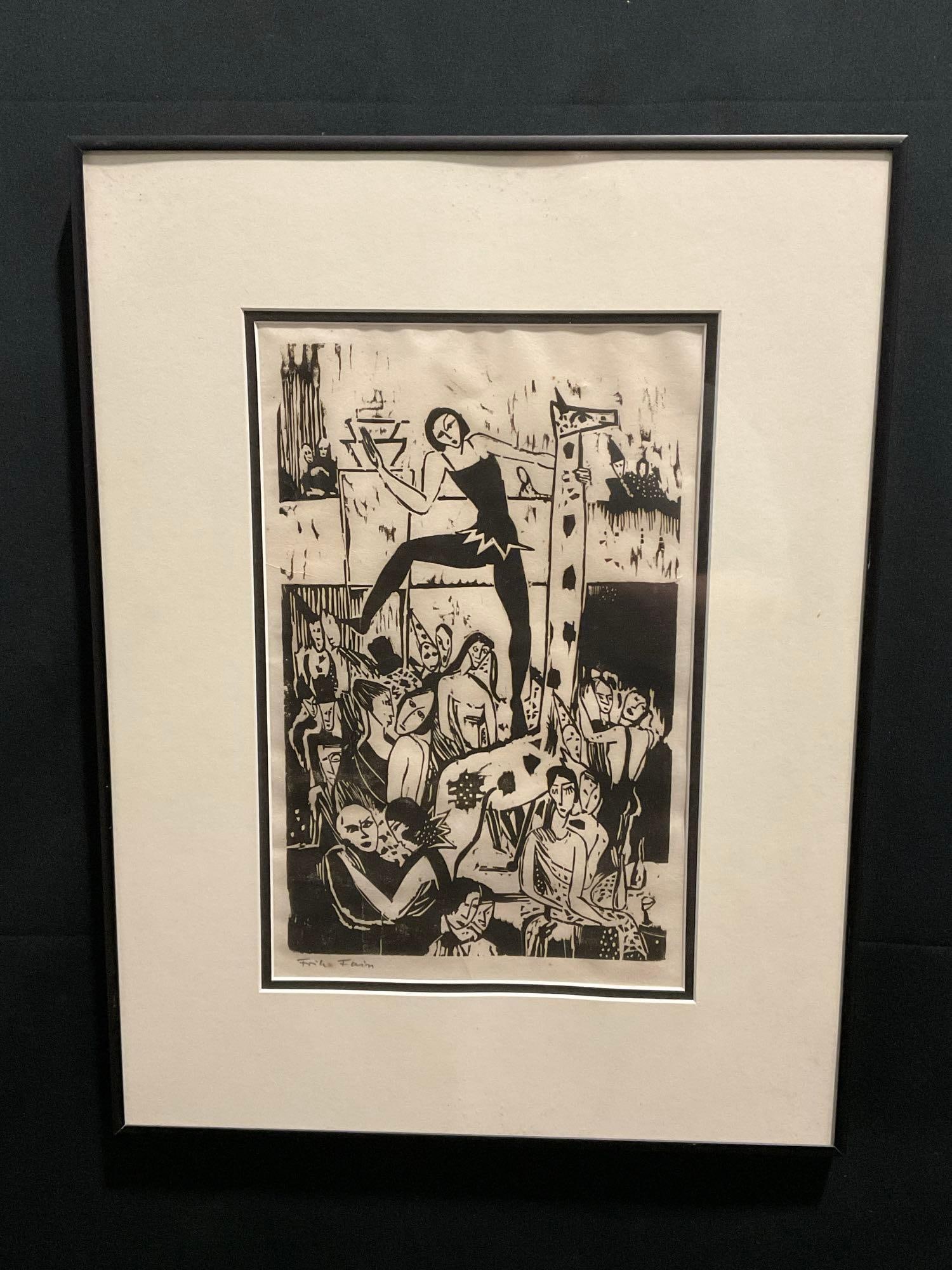 Vintage 1925 Framed Woodcut Print by Fritz Faiss, Black and White, 21 x 16, titled Karneval, signed (1 of 7)