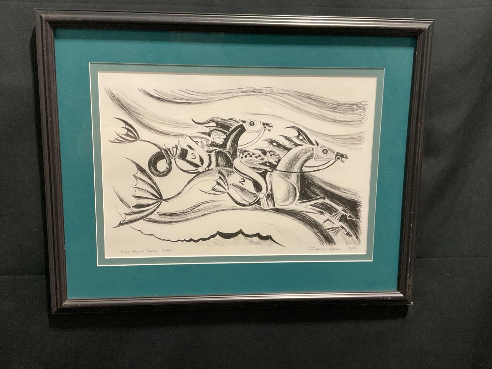 Framed Black & White Lithograph, signed titled Sea Horse Race by Dahlov Ipcar 1999 (1 of 8)