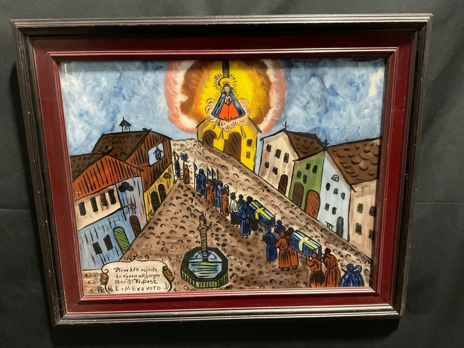Framed Original titled Funeral Procession, measures approx 28 x 23 inches: Unsure about when this piece was made. Appears to be in good shape. The outside dimensions measures approx 28h x 23w inches. See pics. E-2910