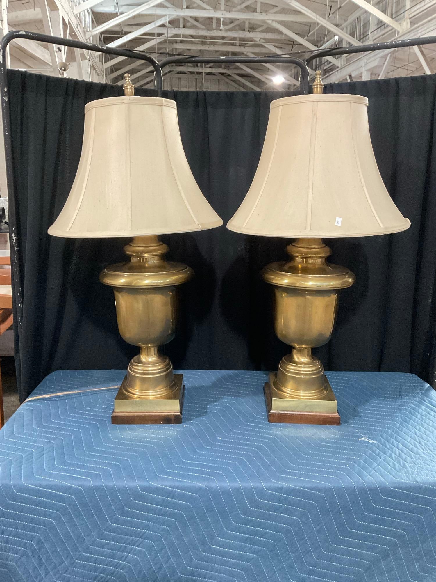 Pair of Vintage Frederick Cooper 36" High Brass Lamps w/ Shades - Tested & Working: In good shape. Nice shine. T-2683