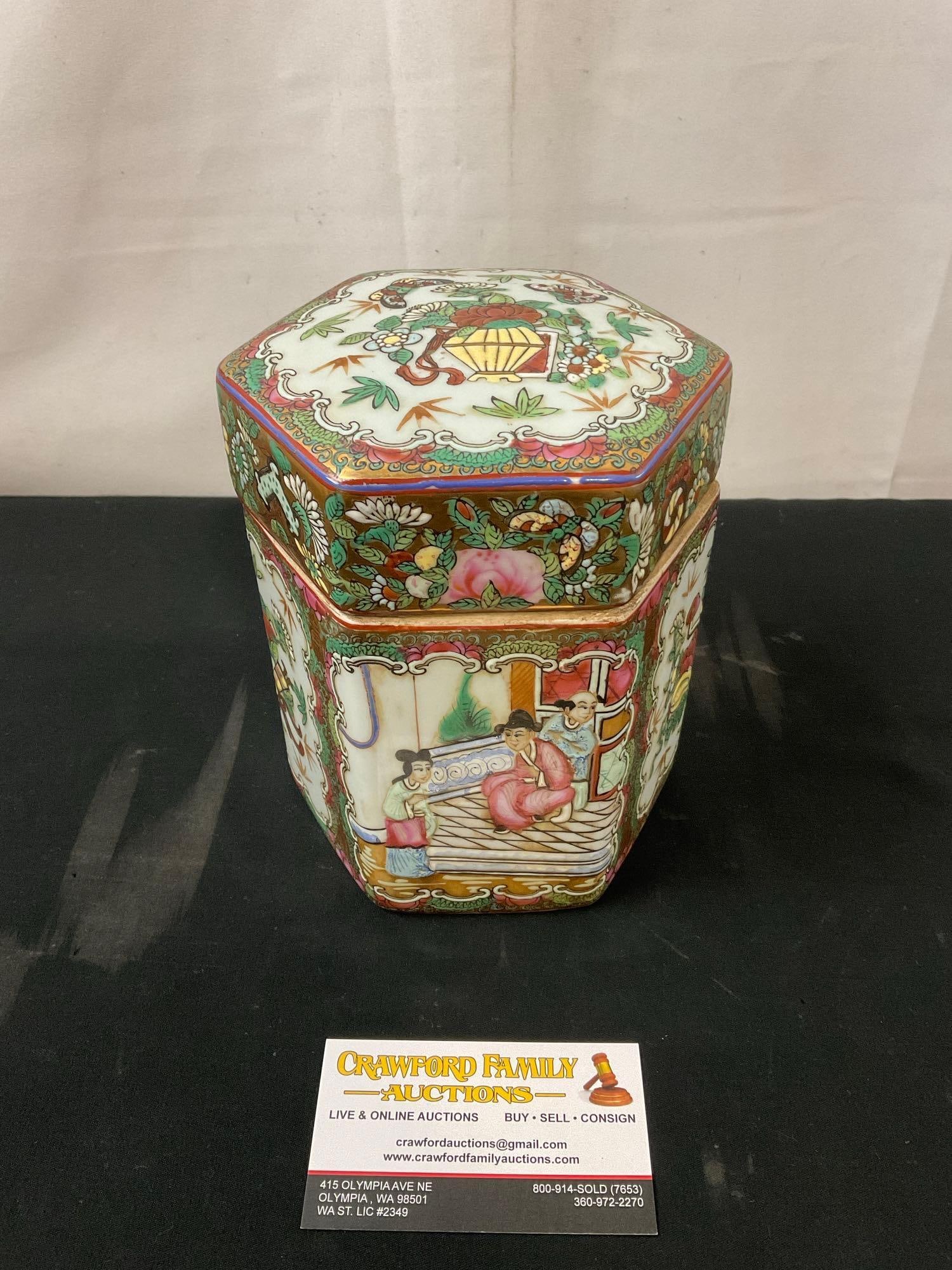Vintage Lidded Chinese Porcelain Container, Famille Rose w/ Court Scenes (1 of 5)