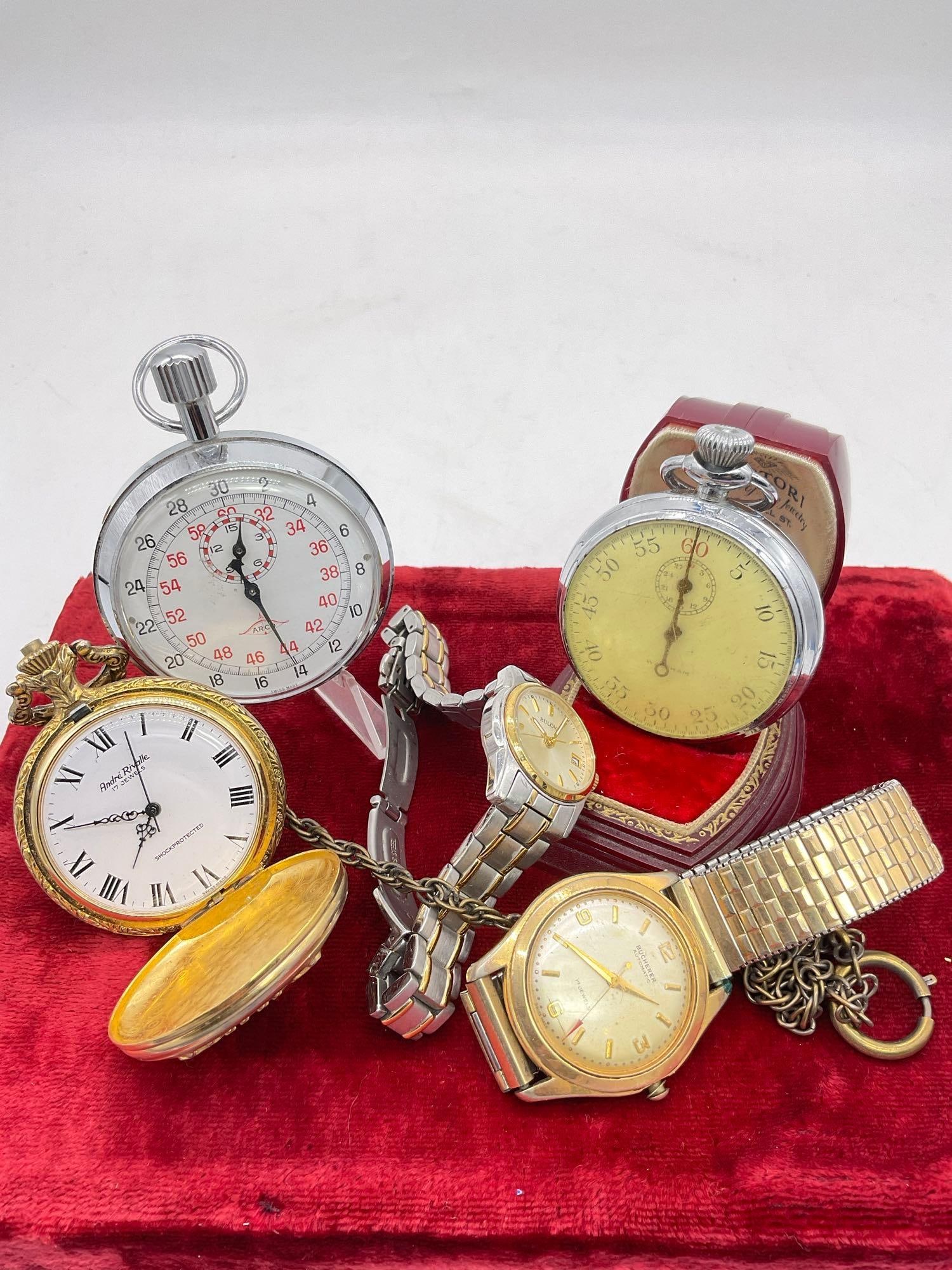 5 x Watches 2 stop watches , 1x pocket watch , 2x wrist watches See pics: Sc-2717 Stop watches Arco (runs) Antique Watham Not running Andre Rivalle 17 Jewel Pocket watch w/ fob need service Bucherer 17 Jewel Wrist watch Not running Womens Bulova 