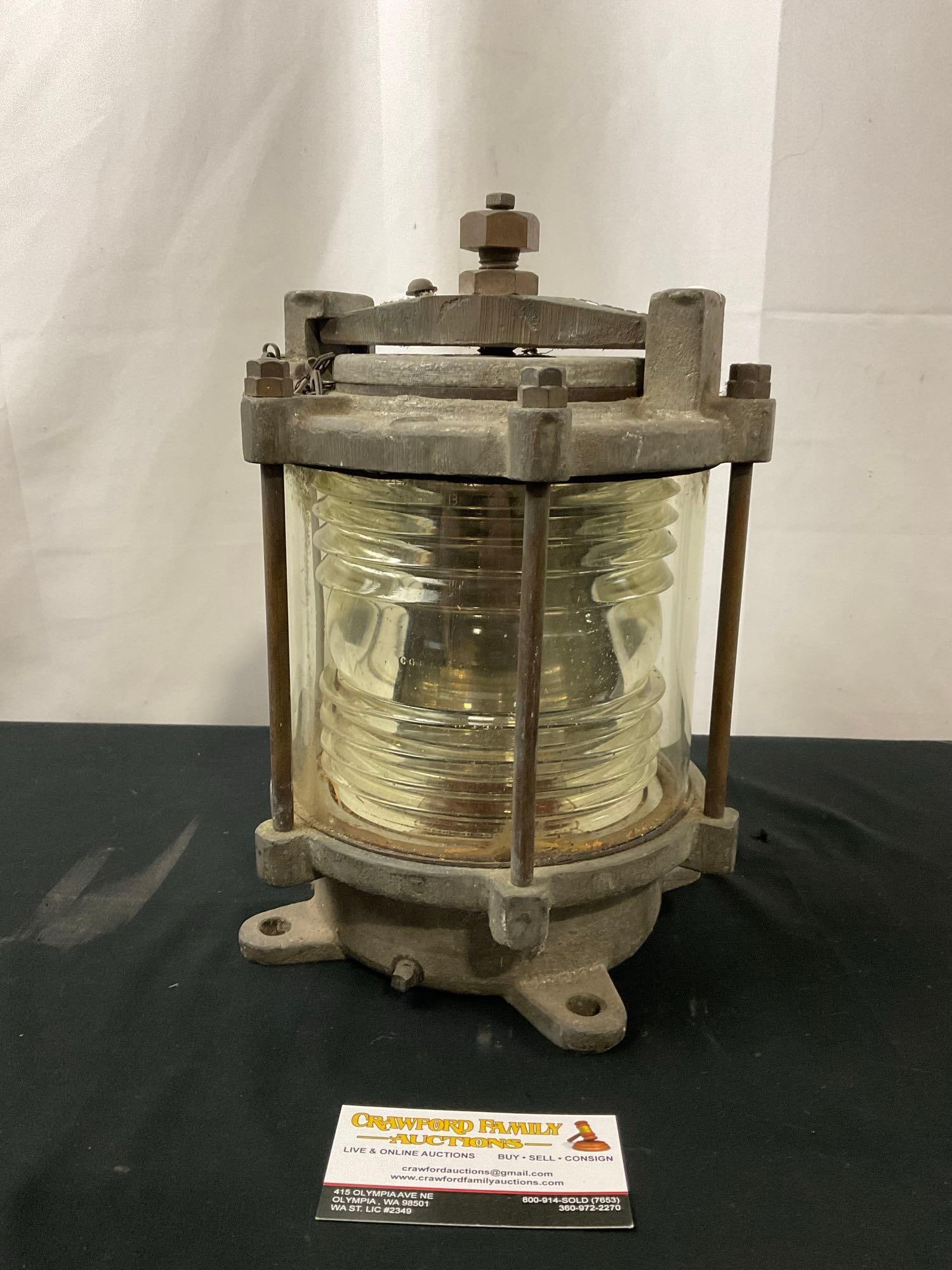Antique United States Maritime Signal Light, Cast Metal Frame & mount, Corning Glass Globe: Heavy cast metal & glass, consider local pickup, could be expensive shipping. Appears to be in good shape. The piece measures approx 12h x 8d inches. See pics. E-2850