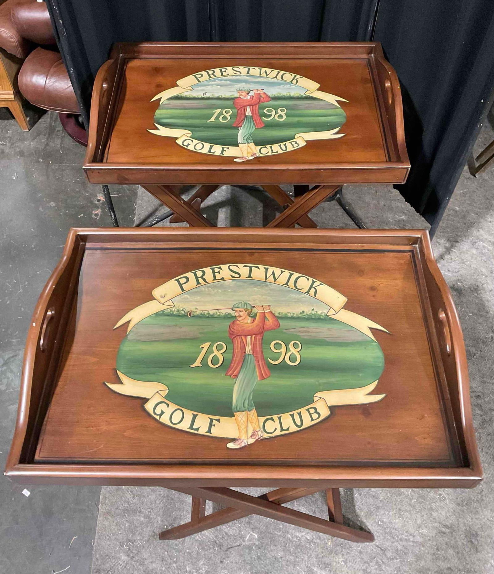 Pair of Vintage Wood Folding Butler Tray Tables w/ Painted Prestwick Golf Club 1898 Design. See (1 of 11)