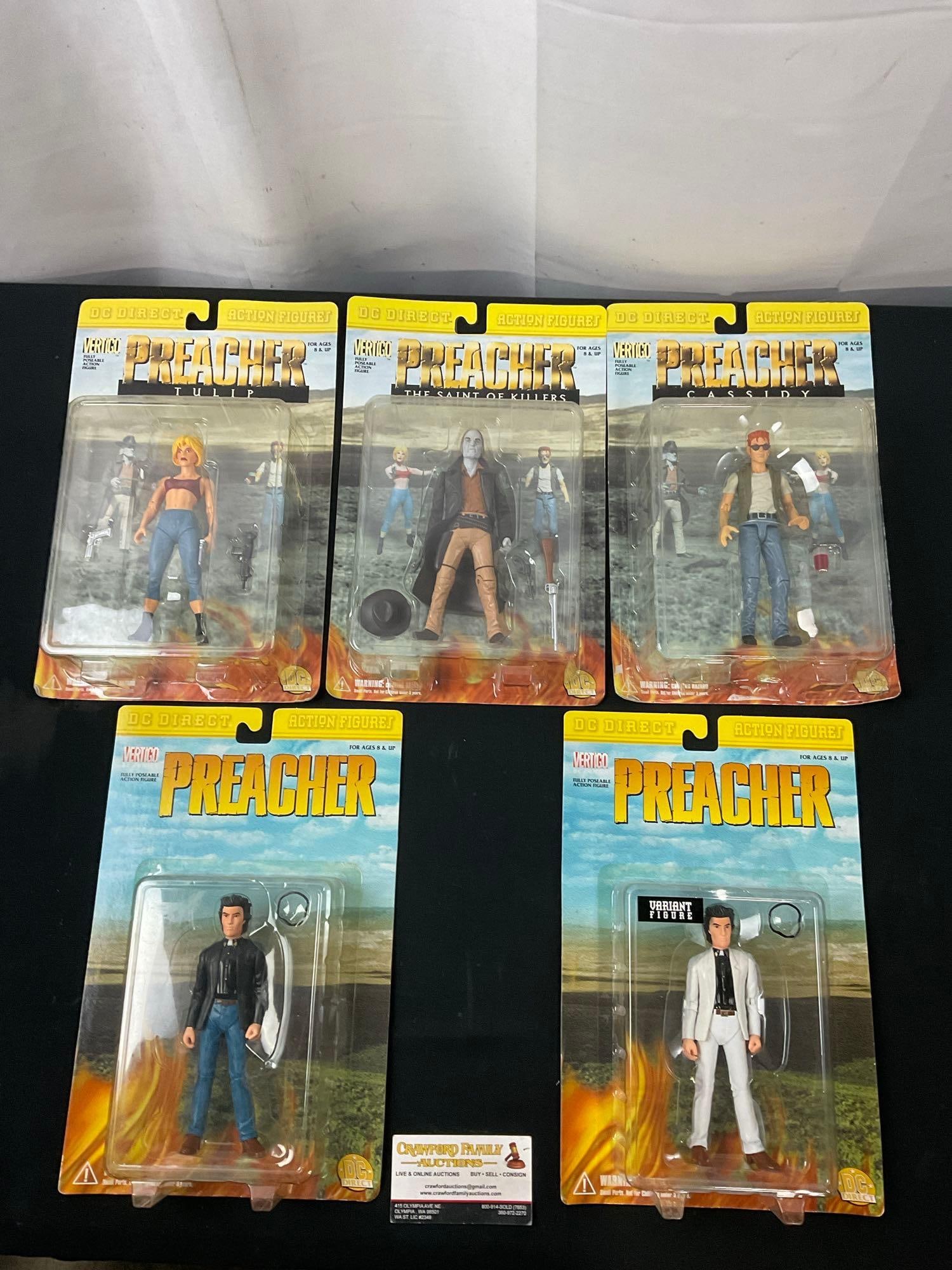 5x Vintage 1999 PREACHER Action Figures, 4 seem to be sealed: Appears to be in fair to good shape, the Cassidy piece is not sealed at the bottom. The packages measure approx 13 inches tall. See pics. E-2970