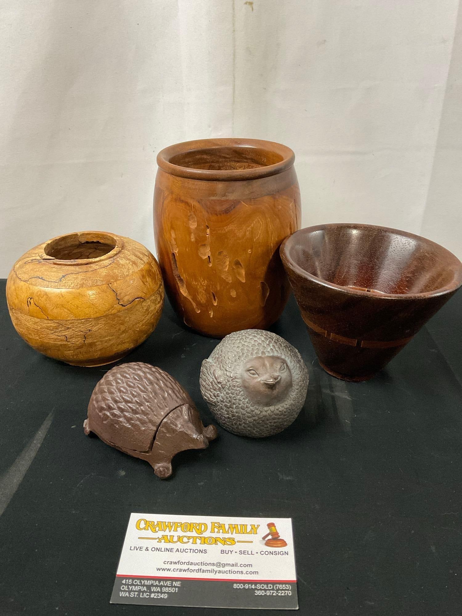 Trio of Wooden Bowls, couple signed, cast metal hedgehod & Composite Small Bird (1 of 4)