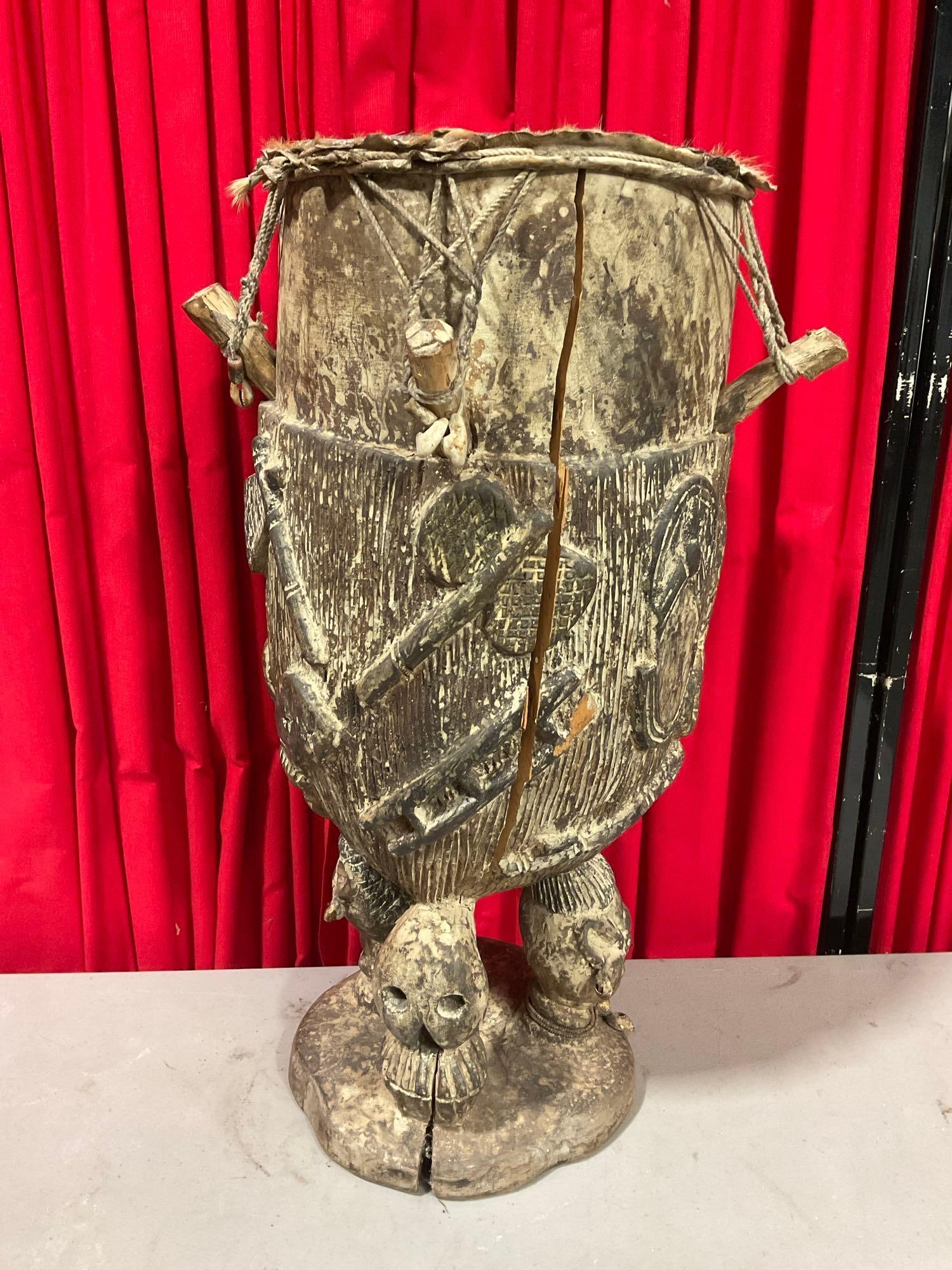 Vintage Ashanti? African Tribal Carved Hardwood & Hide Ceremonial Drum w/ Mirror. See pics. (1 of 6)