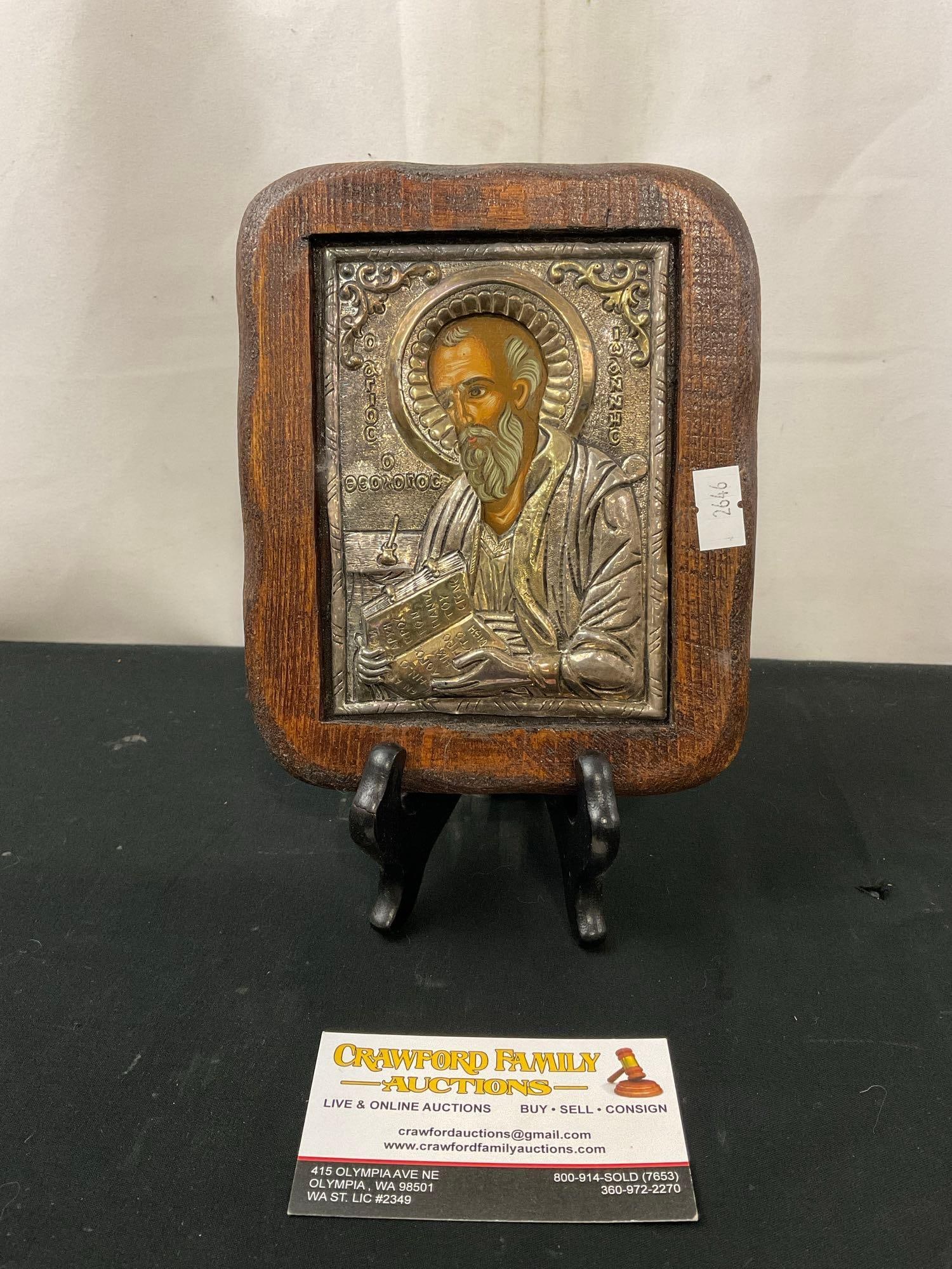 Greek Orthodox Silver Icon, 950 silver & 24k gold paint in wooden frame (1 of 5)