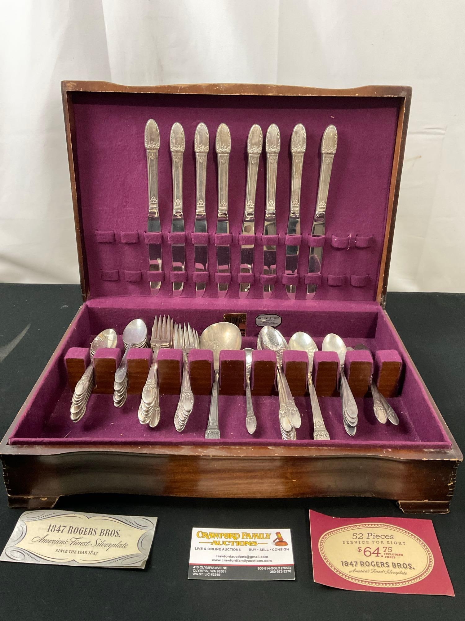 1847 Rogers Bros Silverplate, approx 63 pieces in total, in wooden case (1 of 6)