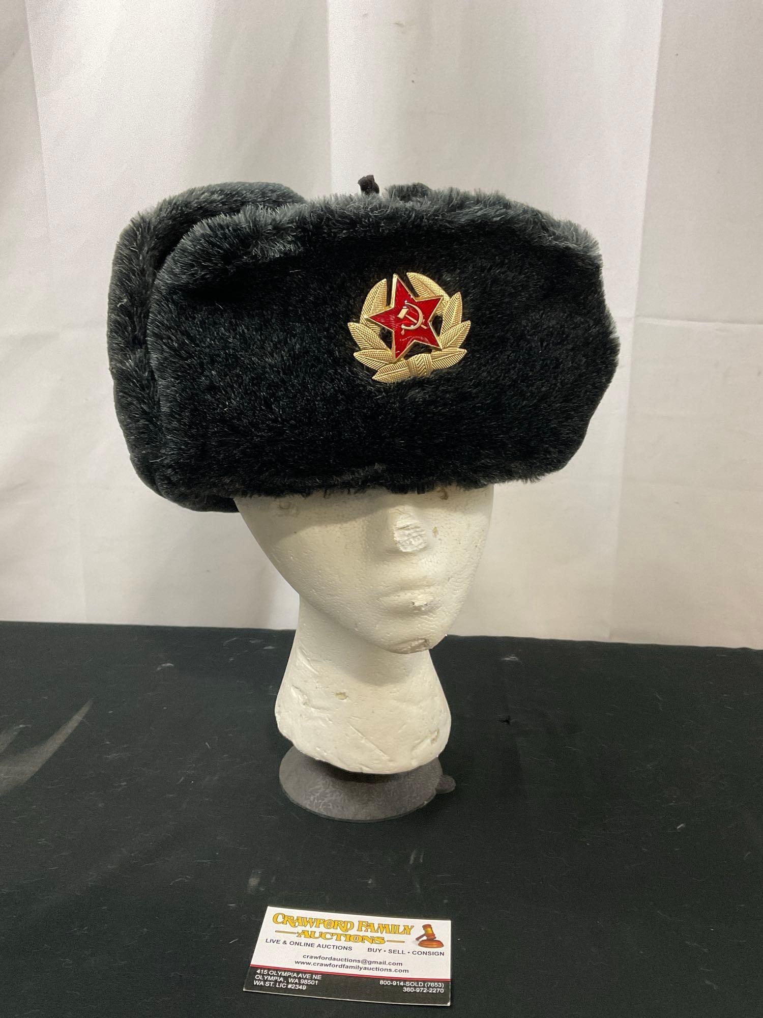 Soviet Union Ushanka, 60 cm, Black faux fur w/ Hammer & Sickle Emblem (1 of 6)