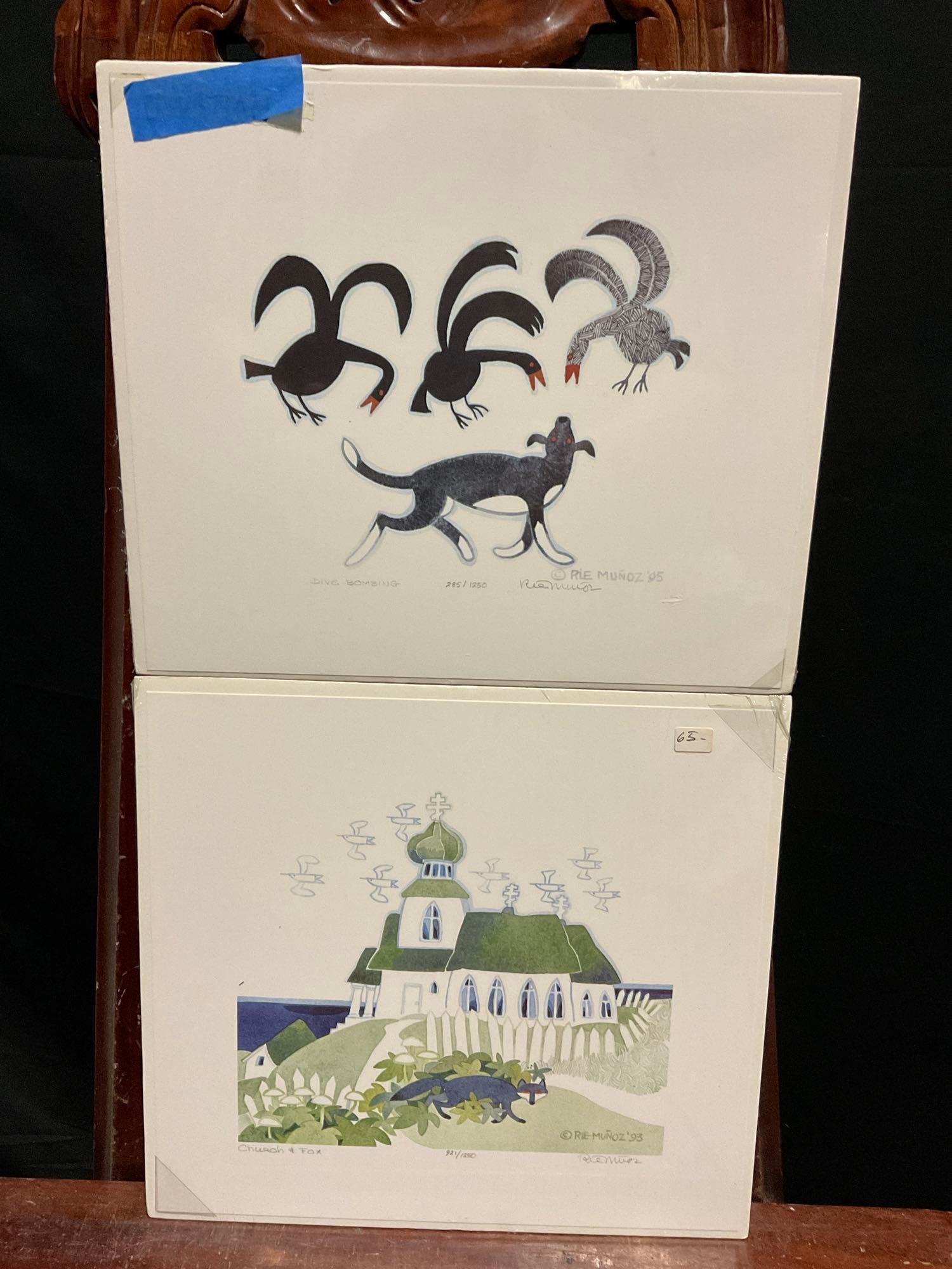 Pair of Signed & #d Rie Munoz Lithographs Dive Bombing 285/1250 & Church & Fox 921/1250 (1 of 6)