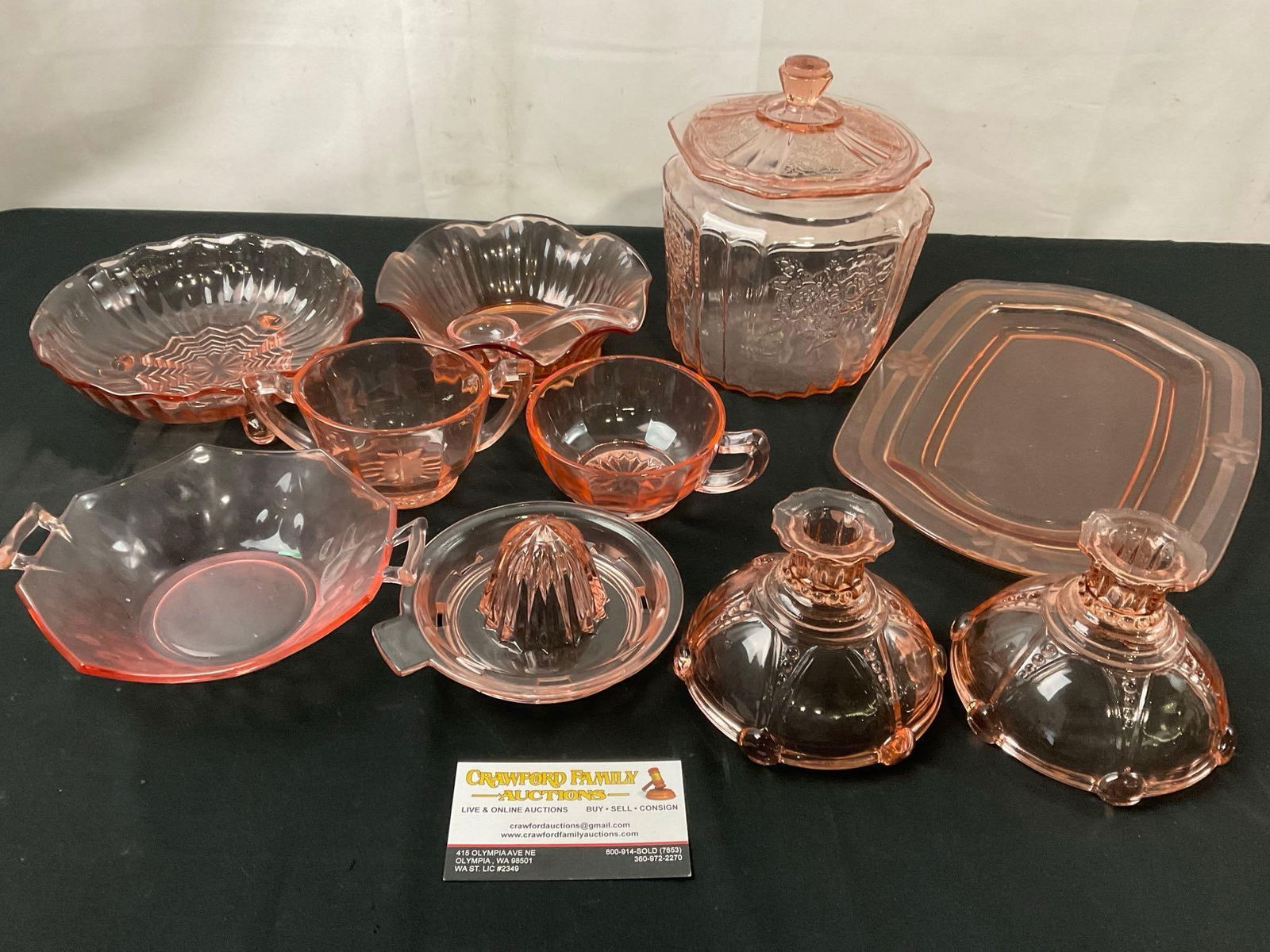 Pink Depression Glass, Assorted Pieces, Dishes, cups, Candlesticks, Tray & Cookie Jar, 10 pieces (1 of 5)