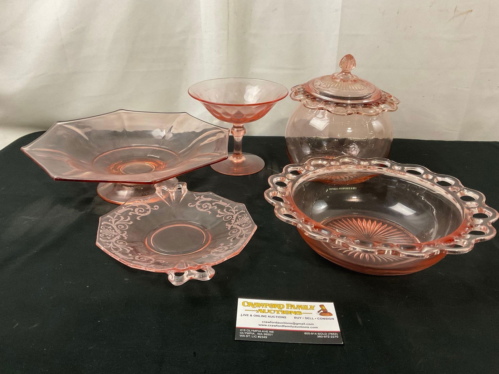 Pink Depression Glass Matching Lidded Jar & Bowl, Footed Compote, Serving Dishes, 5 pieces (1 of 2)