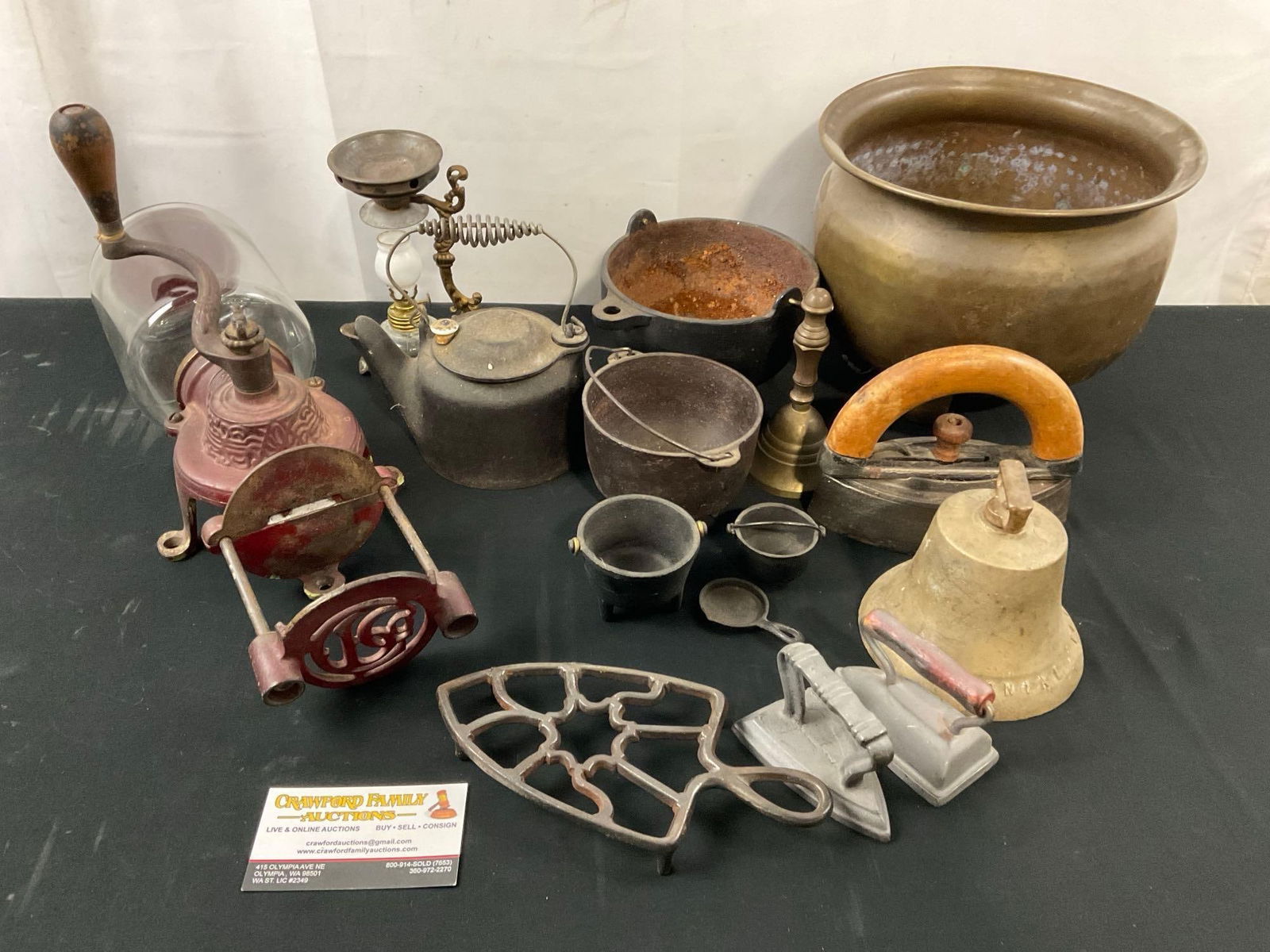 Cast Iron Sad Iron, Trivet, Small pots, Crystal no.3 Coffee Grinder, Bronze Footed Pot & Bells: Appears to be in good shape. The bronze pot measures approx 8h x 9d inches. See pics. E-3100
