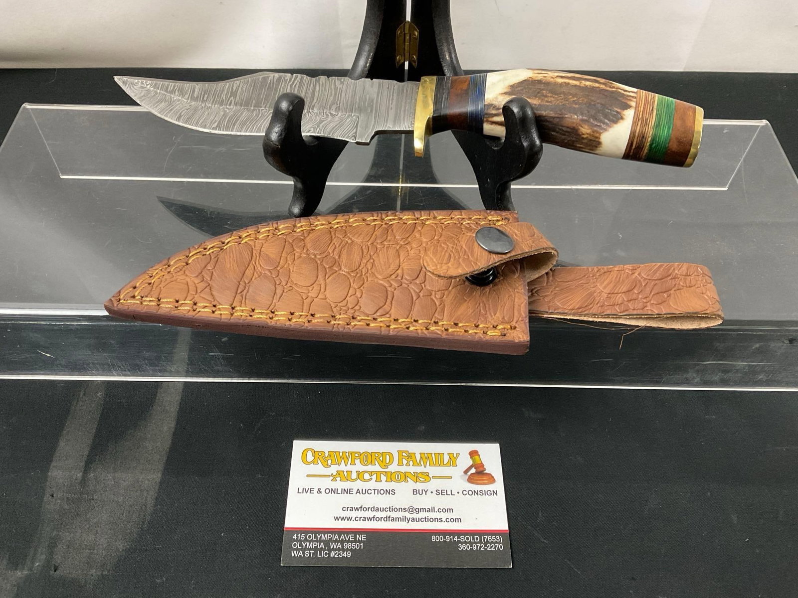 Handmade Damascus Steel Knife w/ Stacked material Handle & Custom Leather Sheath, 6 inch blade: Made from several layers of 1095 and 15N20 steel folded multiple times creating between 288 and 512 layers to form unique patterns in the blades. Each handle is custom fit as are the sheaths. Approx 6