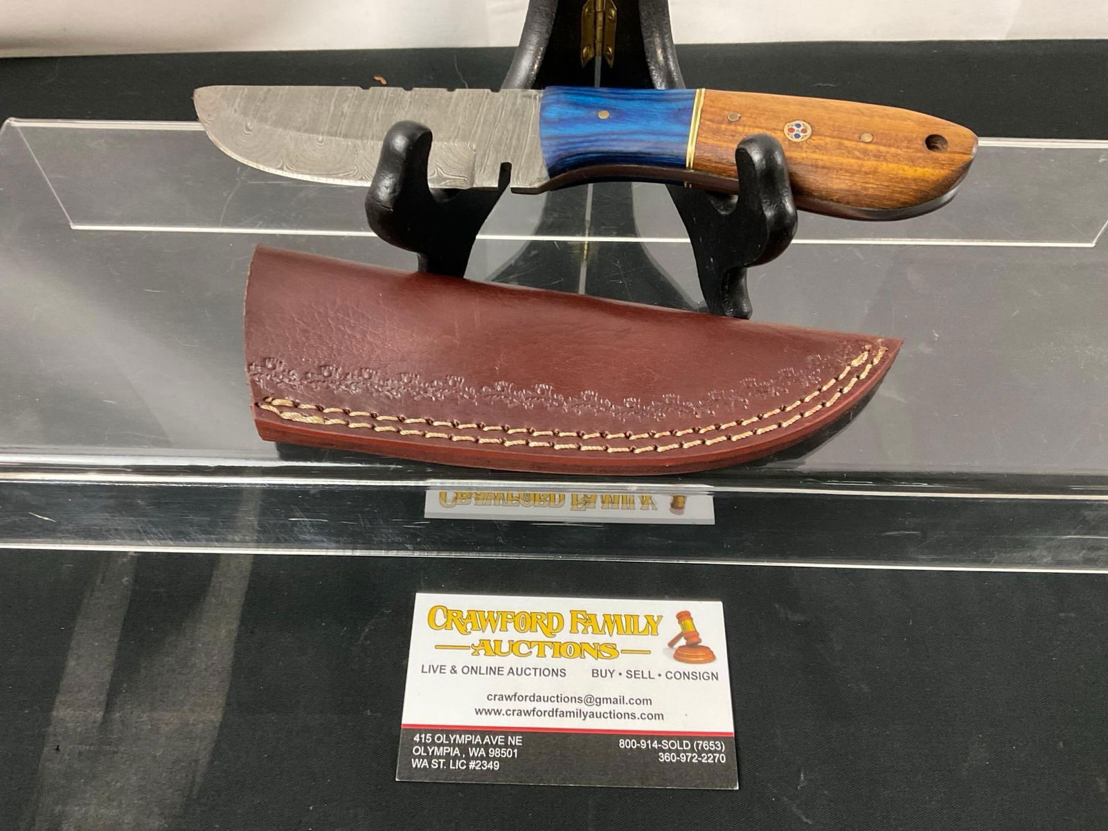 Handmade Damascus Steel Knife w/ Two-Tone Wooden, Blue & Natural Handle & Custom Leather Sheath (1 of 4)