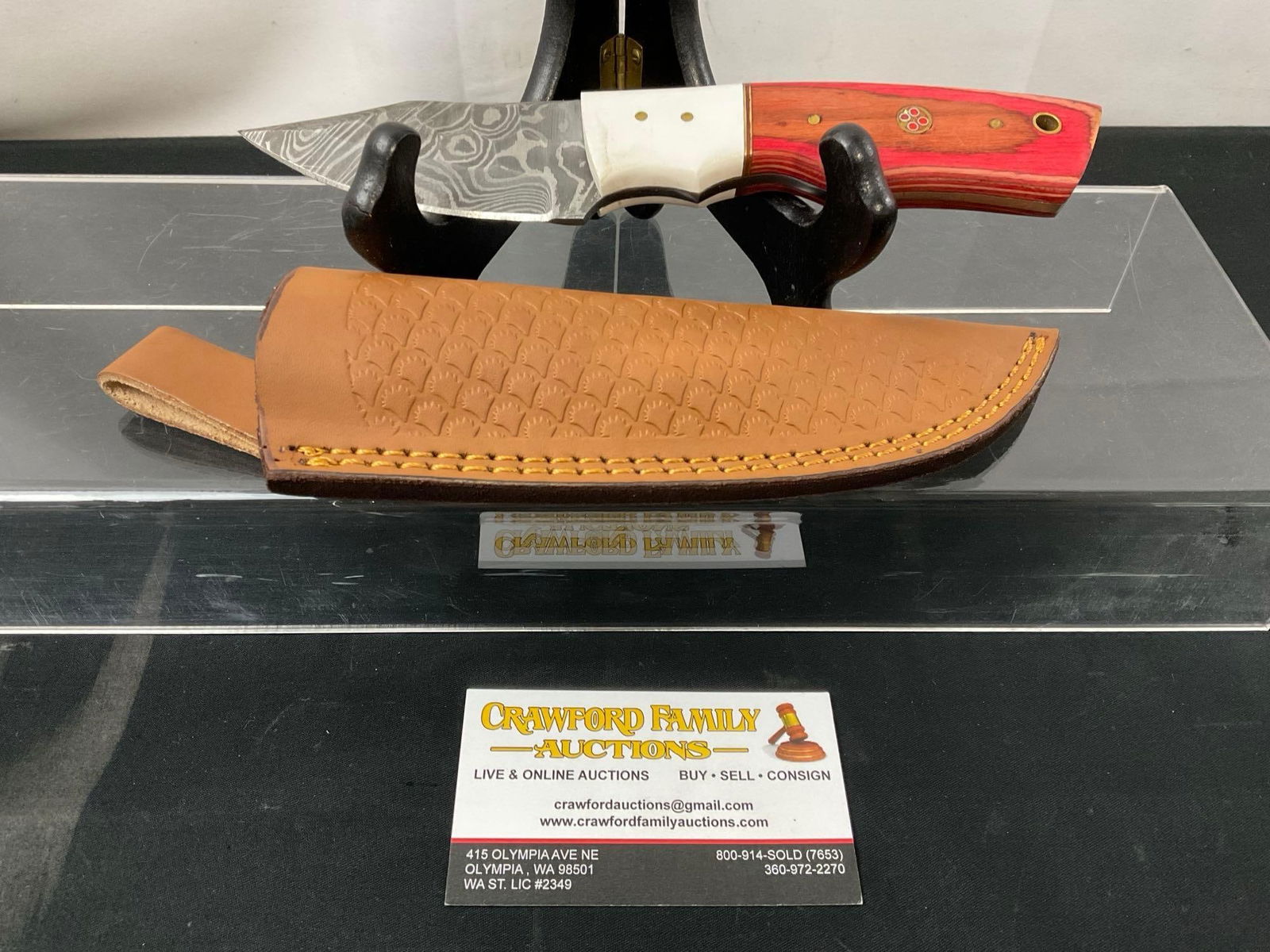 Handmade Damascus Steel Knife w/ Red Tinted Wood & White Resin Handle & Custom Leather Sheath (1 of 4)