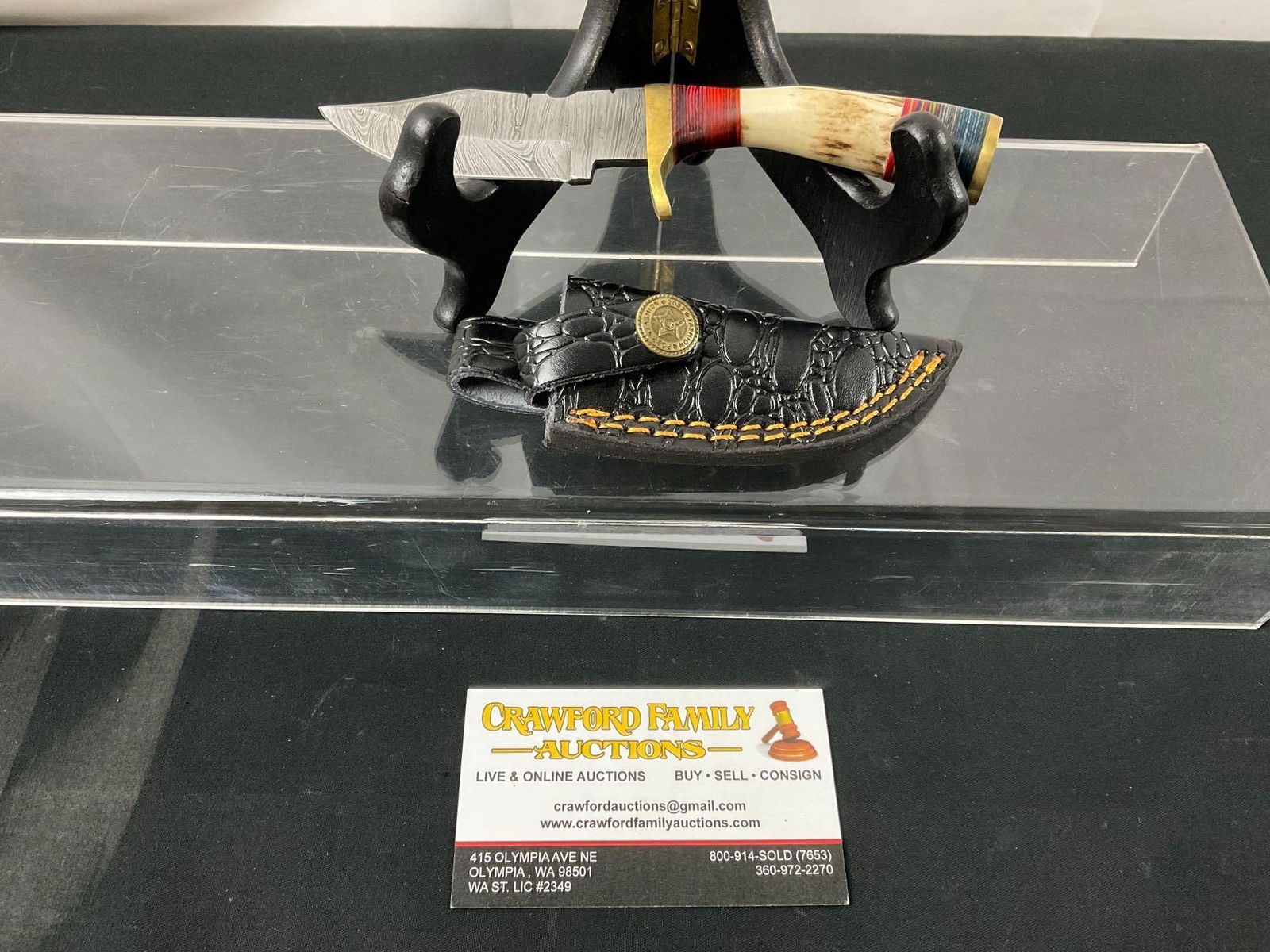 Handmade Damascus Steel Knife w/ Antler & Stacked Wood Handle & Custom Leather Sheath, 3 inch blade (1 of 3)