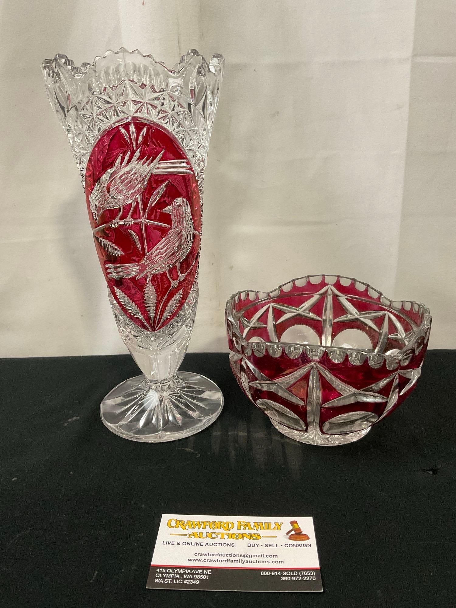 Pair of The Byrdes Ruby Collection, Hofbauer Crystal Vase & Bowl, Etched Bohemian Crystal (1 of 4)