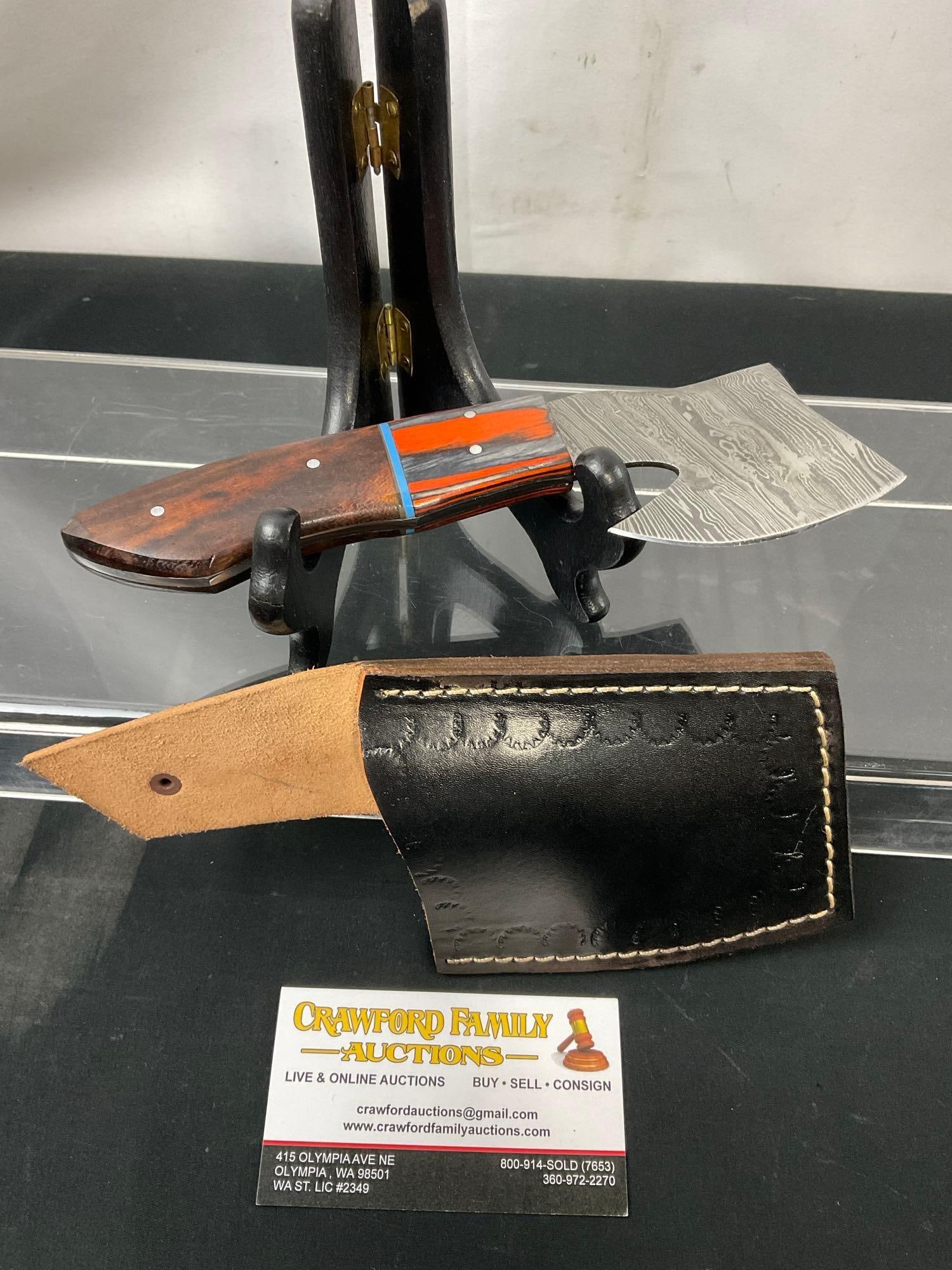 Handmade Damascus Steel Mini Axe w/ Two Tone Handle, Orange & Dark Tinted (1 of 4)