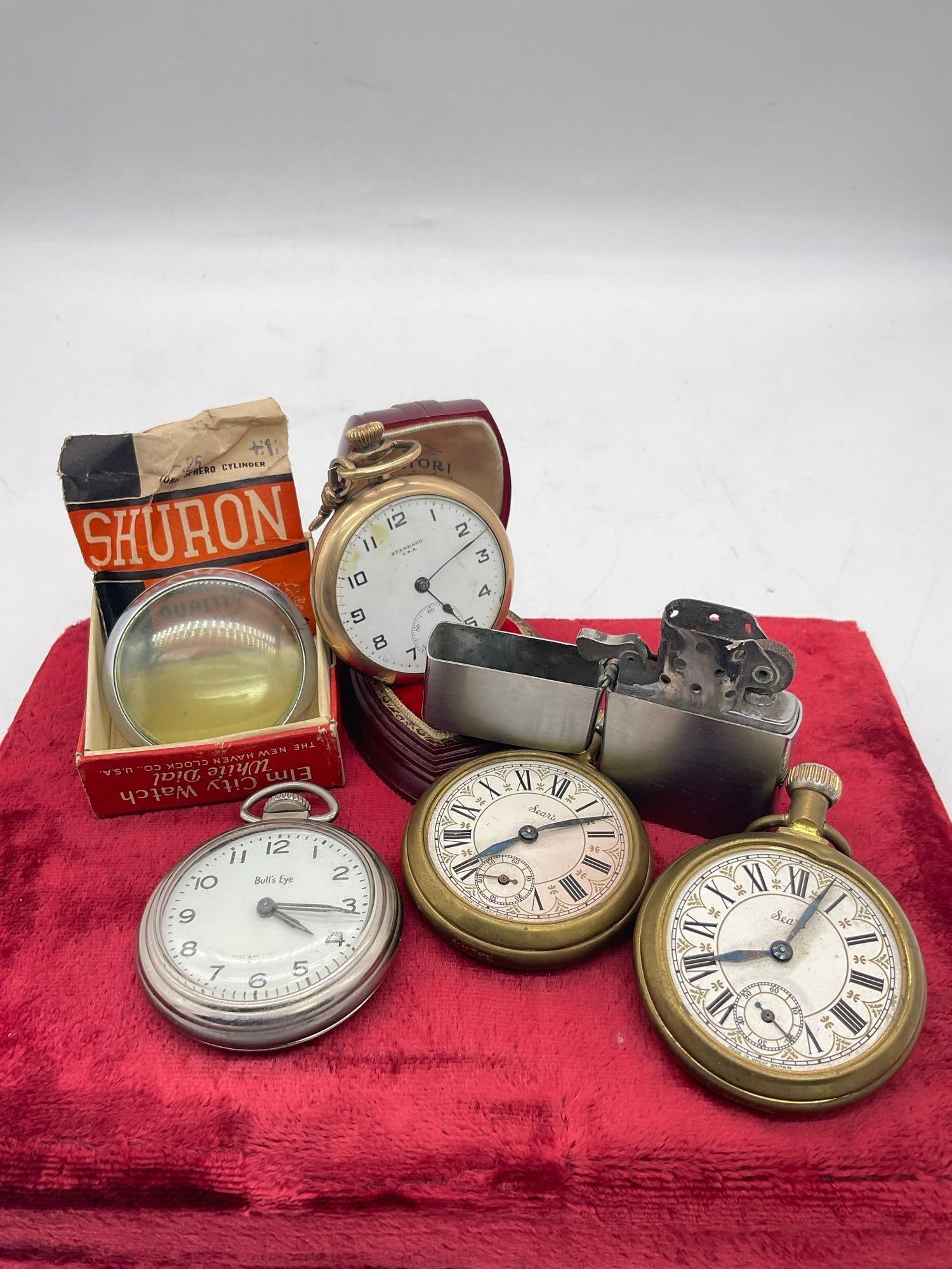 4x Pocket watches/ 2x Vintage Sears Train watches ,1x Bulls eye, 1x Antique Standard 7 Jewel + Zi... (1 of 6)