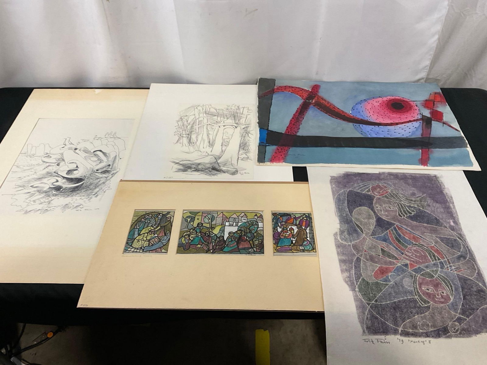 5x Original Pieces by Fritz Faiss, Pen Drawings, Watercolor, titled Meeting II, various sizes (1 of 7)