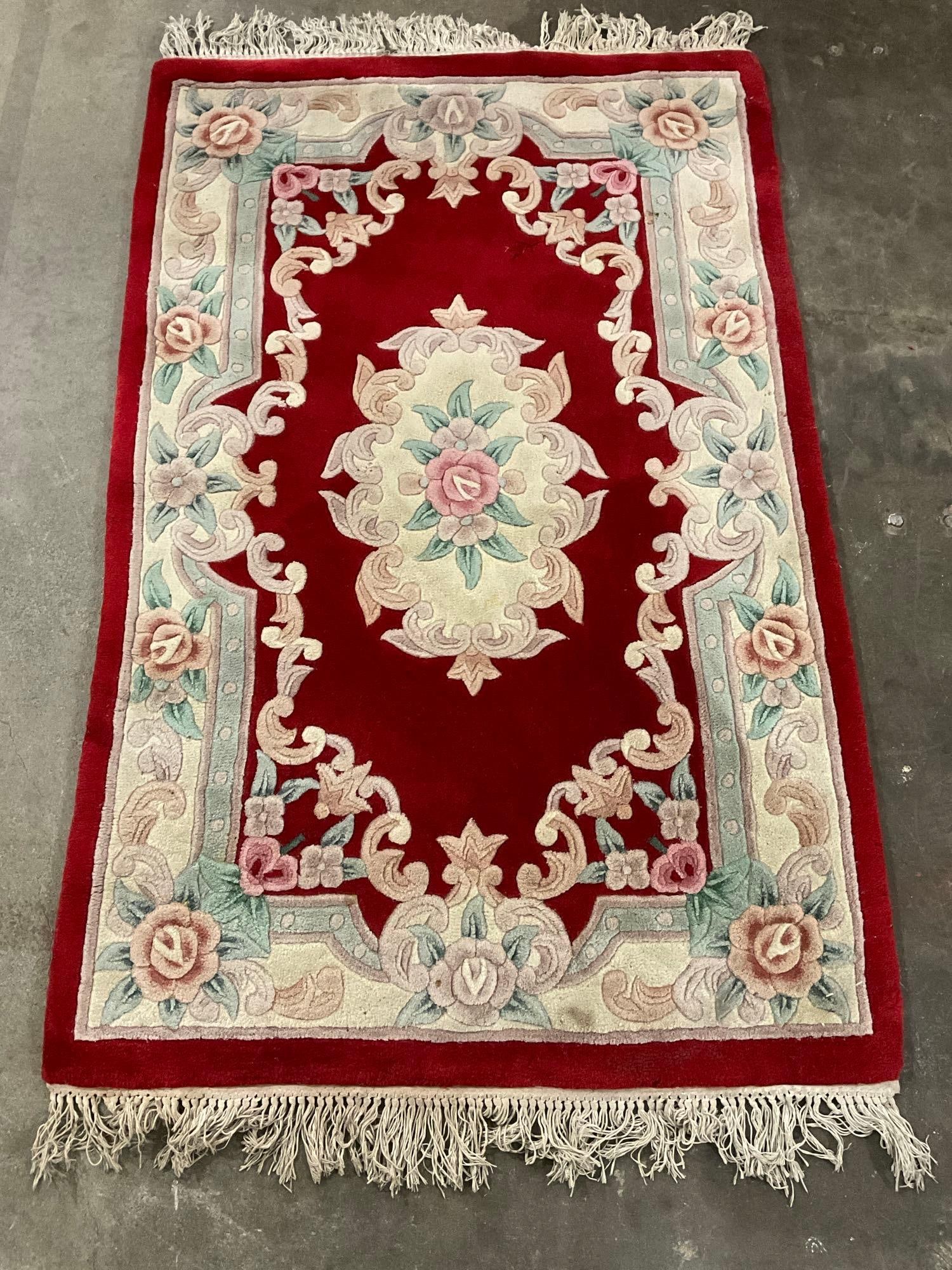 Vintage KARASTAN? Red & Green Wool Pile Floor Rug w/ Asian Floral Pattern. Measures 72" x 42" See (1 of 6)