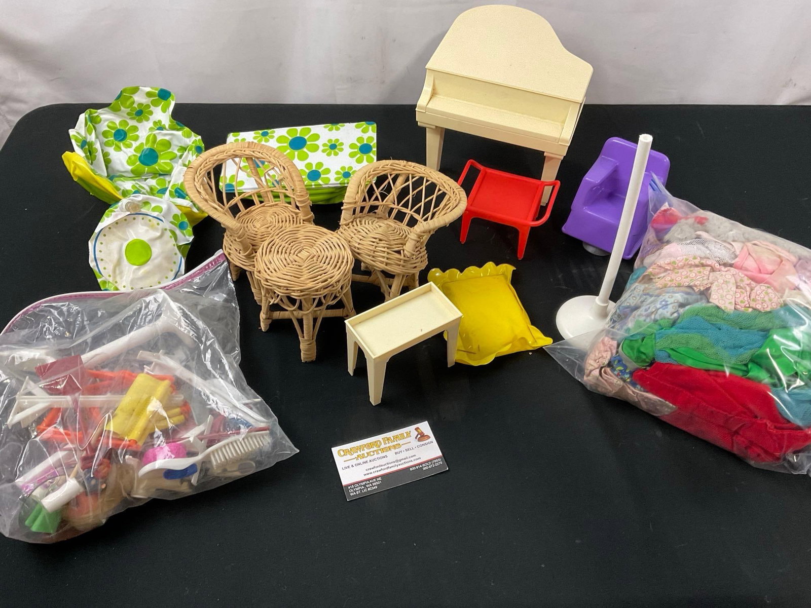 Assortment of Barbie furniture, Accessories & Clothes, from a few eras: Appears to be in good shape, some signs of age can be seen. See pics. E-3140