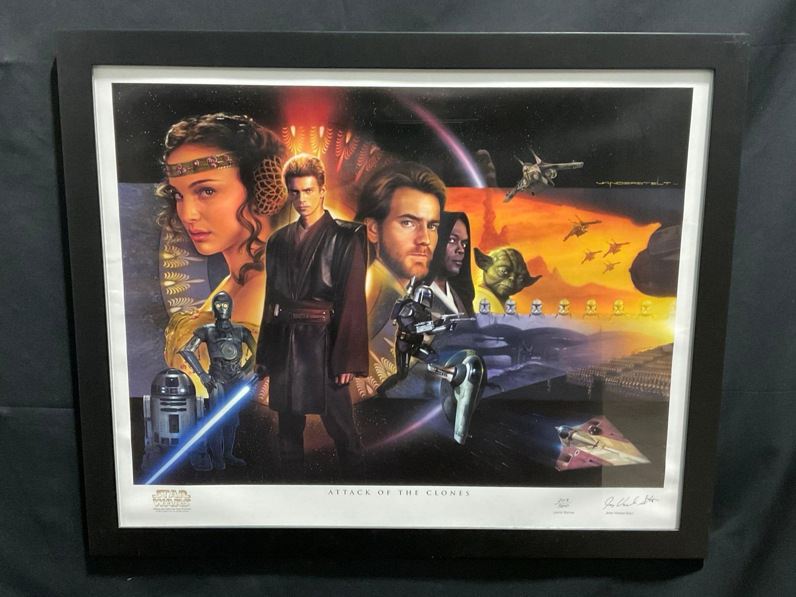 Framed Signed & #d 203/500 titled Attack of the Clones by Jerry Vander Stelt, 27 x 33 inches: Appears to be in good shape. The outside dimensions measures approx 27h x 33w inches. See pics. E-3230