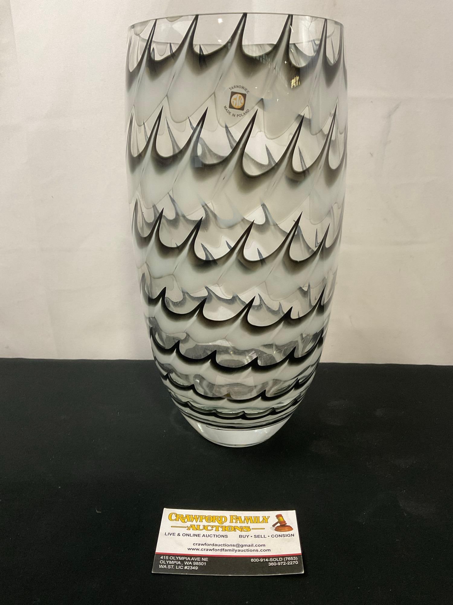 Polish Tarnowiec Crystal Vase, Black & White Spiral Design, 12 inches tall (1 of 5)