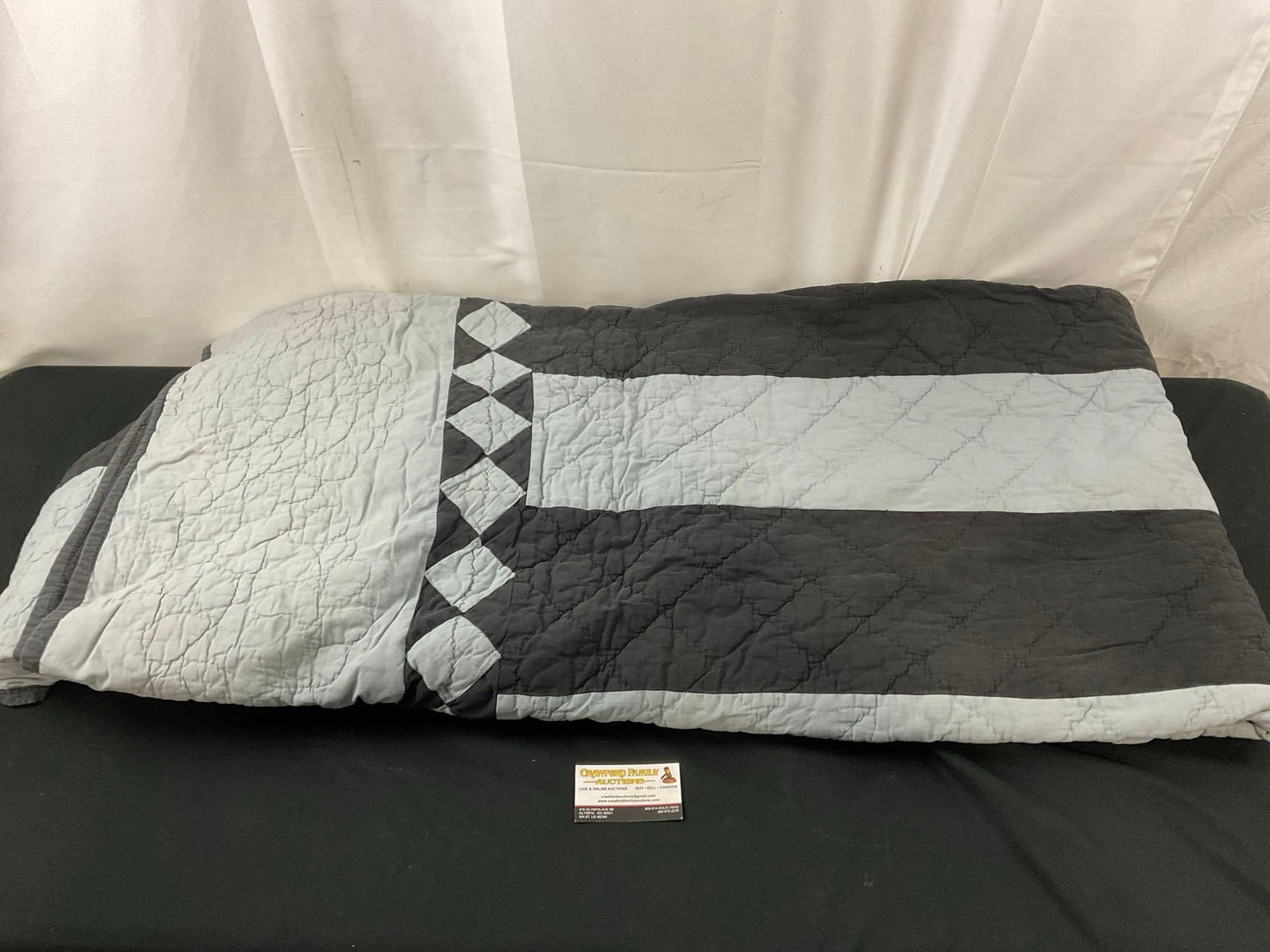 Vintage Black and Dark Blue Quilt, 7 x 7 feet: Appears to be in good shape. Measures approx 7 x 7 feet (84 x 84 inches). See pics. E-2606