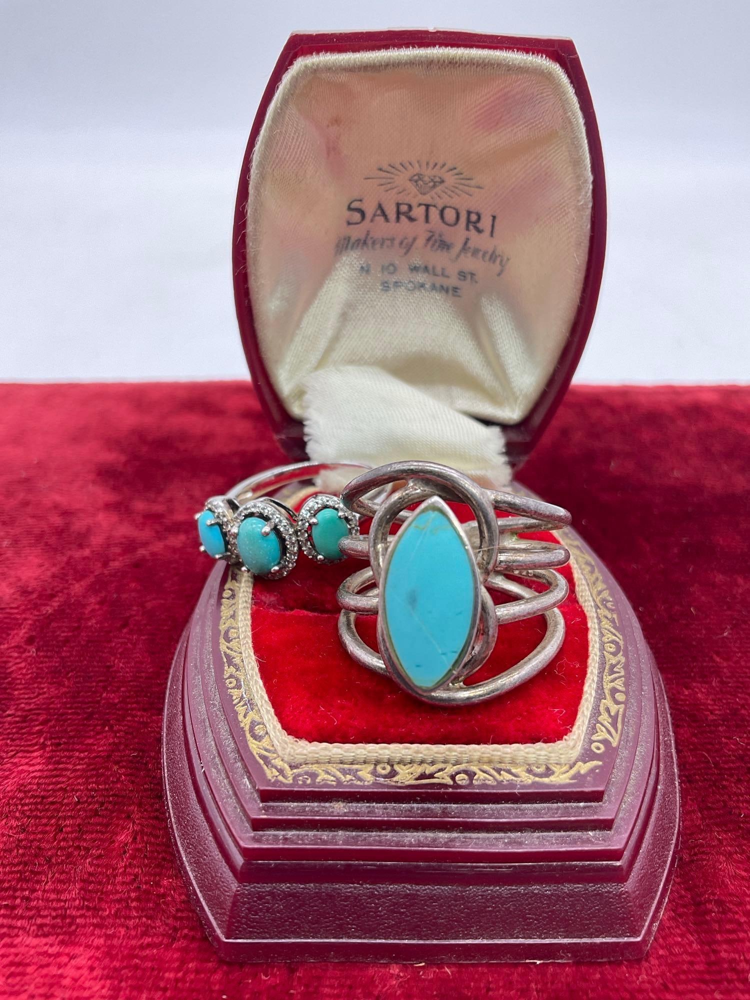 Pair of sterling silver rings with turquoise stones - large cocktail ring & engagement style (1 of 2)