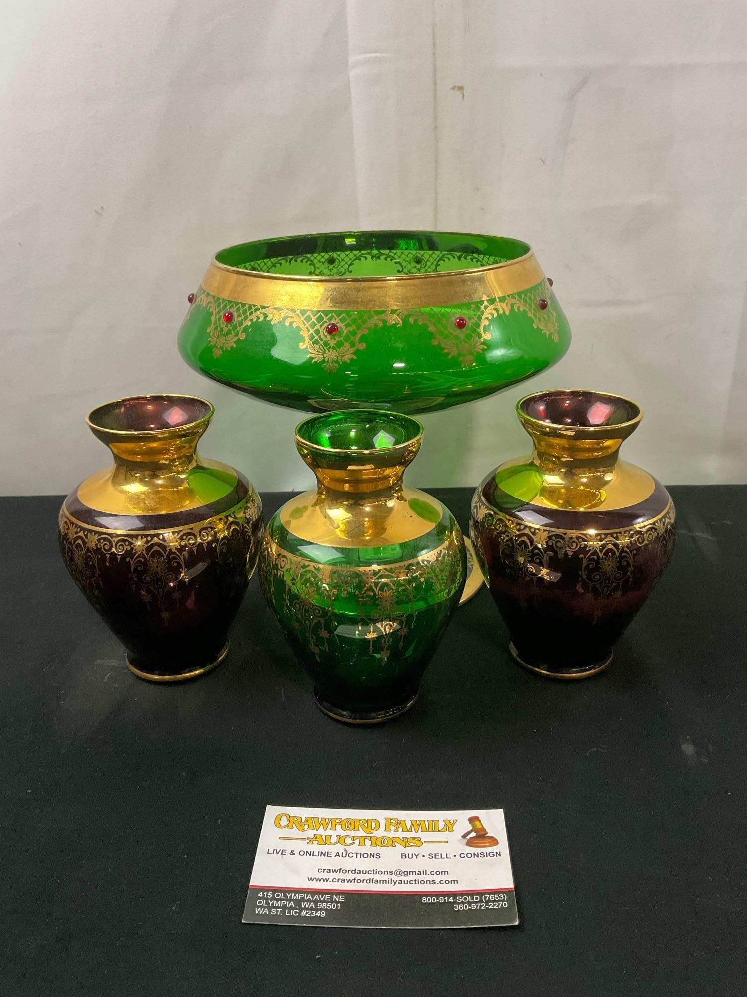 Gilt Bohemian Footed Dish, 7 inches tall & 3 Vases: Appears to be in good shape. The footed dish measures approx 7h x 8d inches. See pics. E-3200