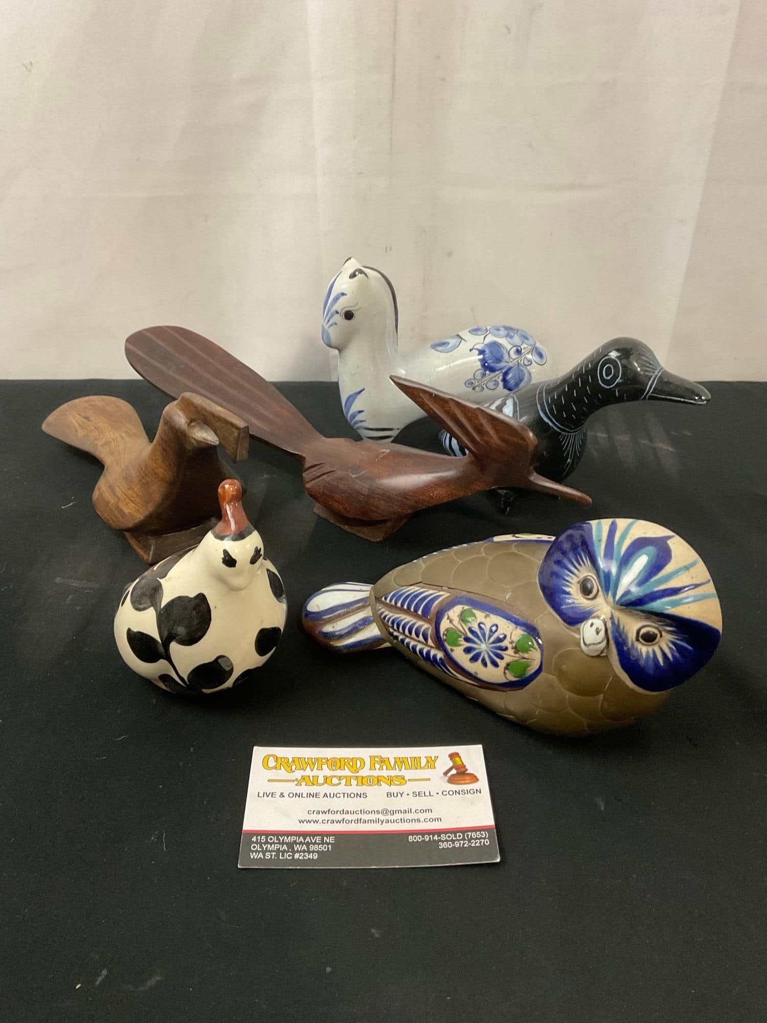 6x Unique Animal Figures, Ceramic Quail, Horse, Owl, Pair of Wooden Birds, Etched Stone Duck: Appears to be in good shape. The pieces measure approx 4 inches tall, the longest piece measures approx 8 inches long. See pics. E-3200