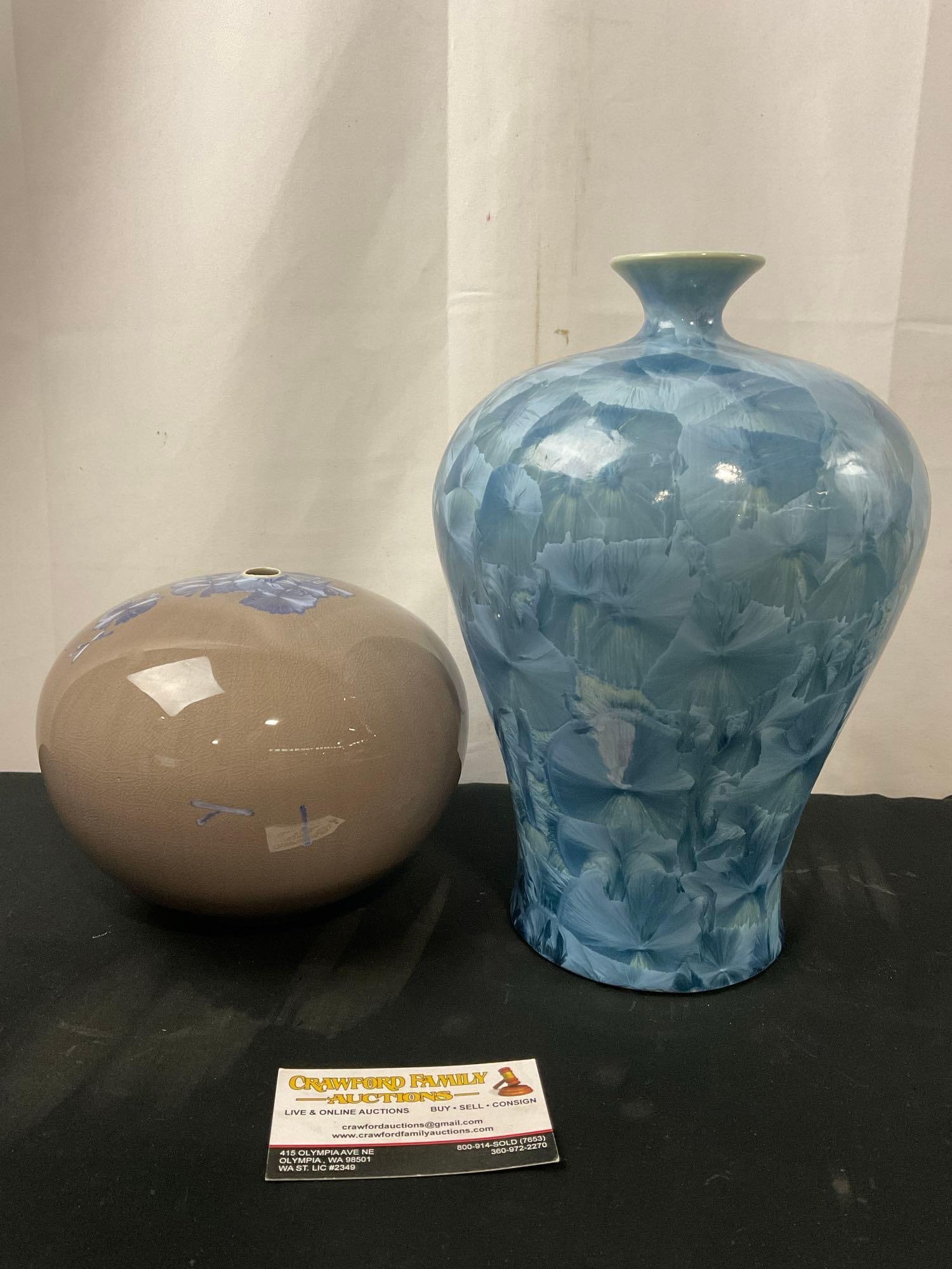 Pair of Vases w/ Crystalline Finish, Full Blue and Dark Brown w/ Purple crystals, 11 inches tall: Appears to be in good shape. The taller vase measures approx 11 inches. See pics. E-3200