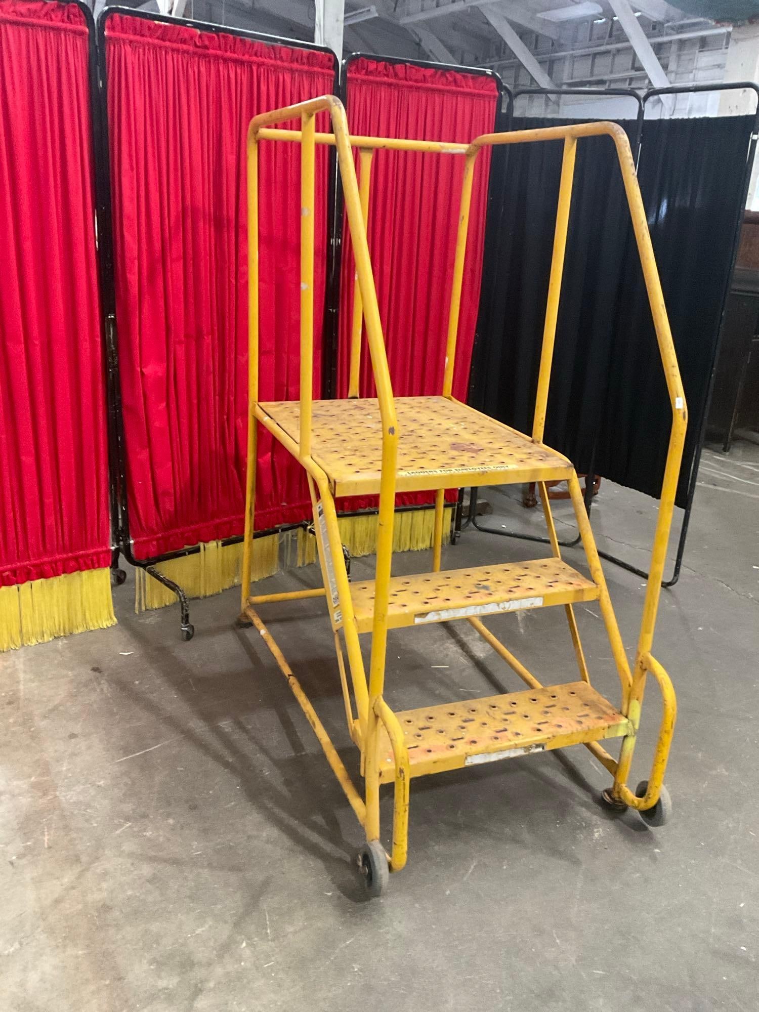 3 Step Platform Metal Warehouse Ladder w/ Wheels & Rails - See pics: Platform sits at 30" tall. In good shape. T-3080 *Freight Required if shipped*