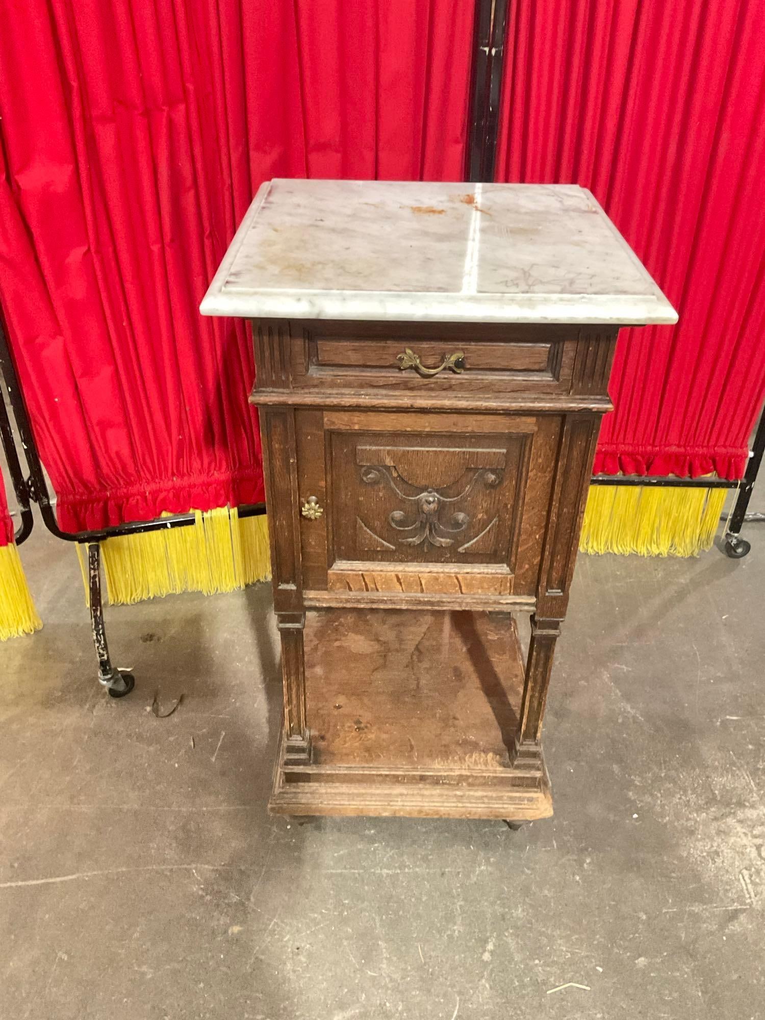 Antique Eastlake Carved Commode / End Table w/ White Marble Top - See pics: In good shape some scratches and blemishes. Tops could use a refinish. Measures 33"x17"x17". T-3080 *Freight Required if shipped*