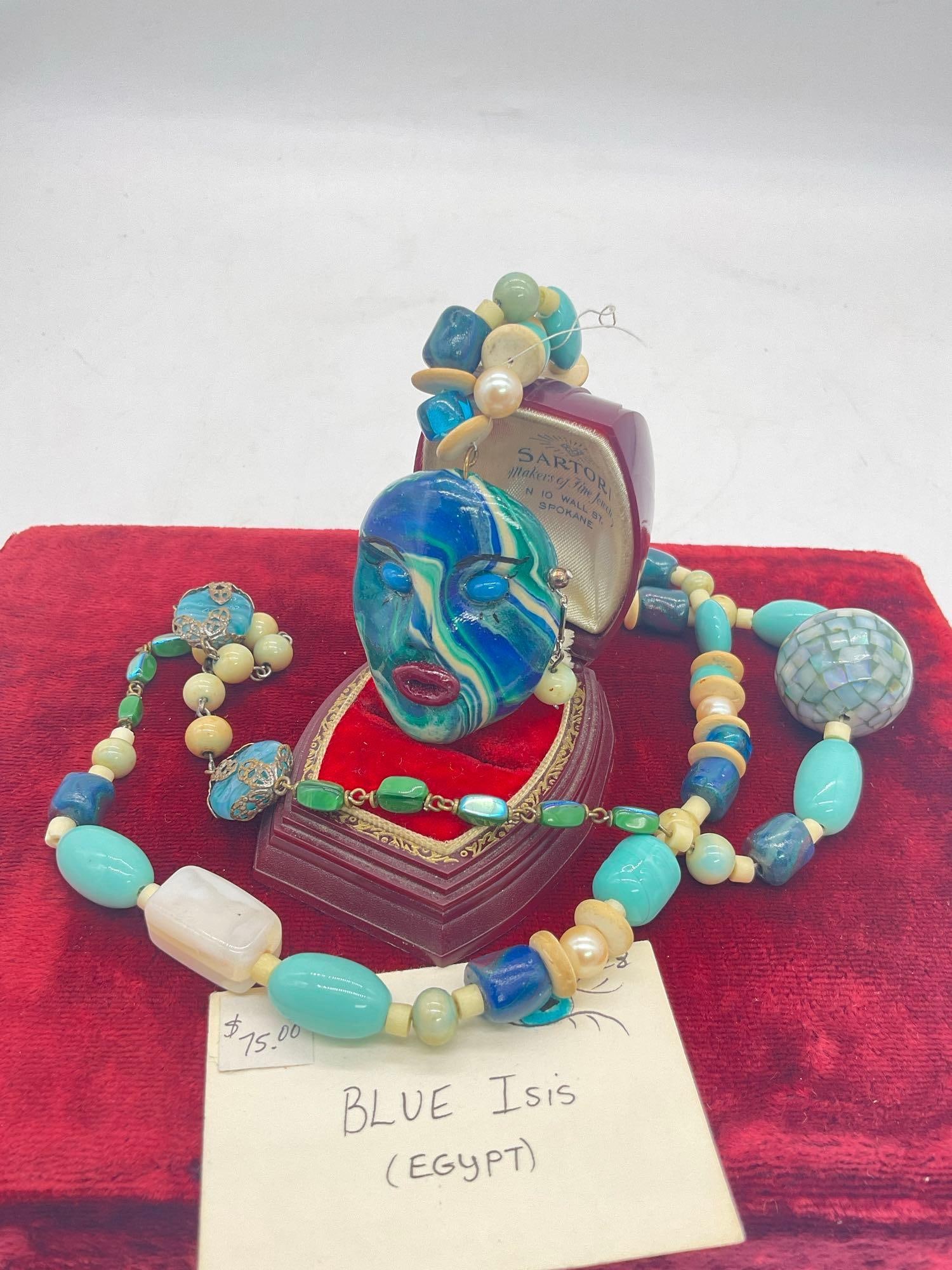Stunning Hand Crafted Local Artist Beaded Necklace W/ Virtual Mask Pendant "Blue Isis ' (Egypt): SC-2683 Local Artist Bonnie Nelson approx 35"