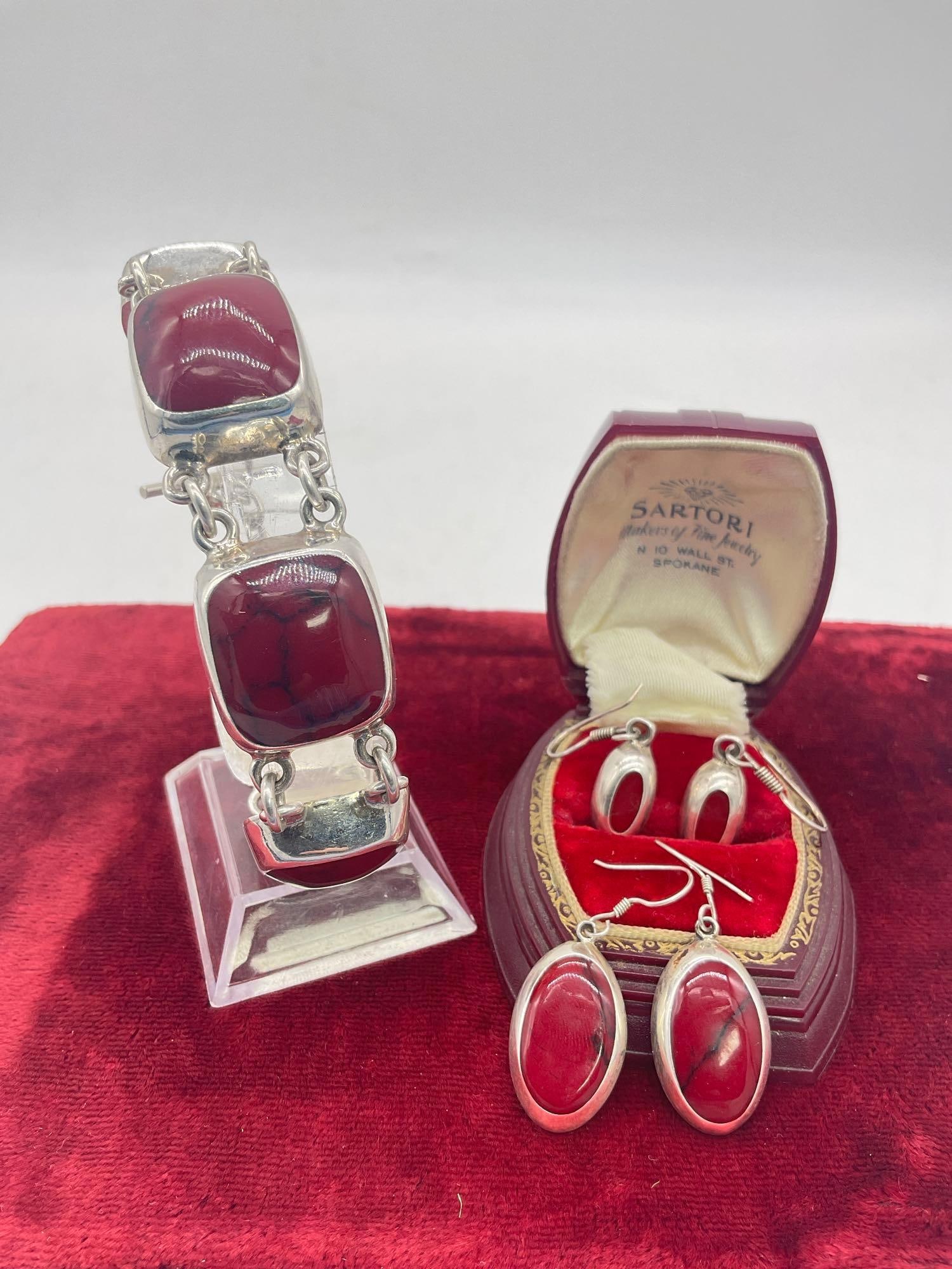 Gorgeous Red jasper & sterling silver Statement link bracelet w/ 2 sets of matching Dangle earrings (1 of 4)