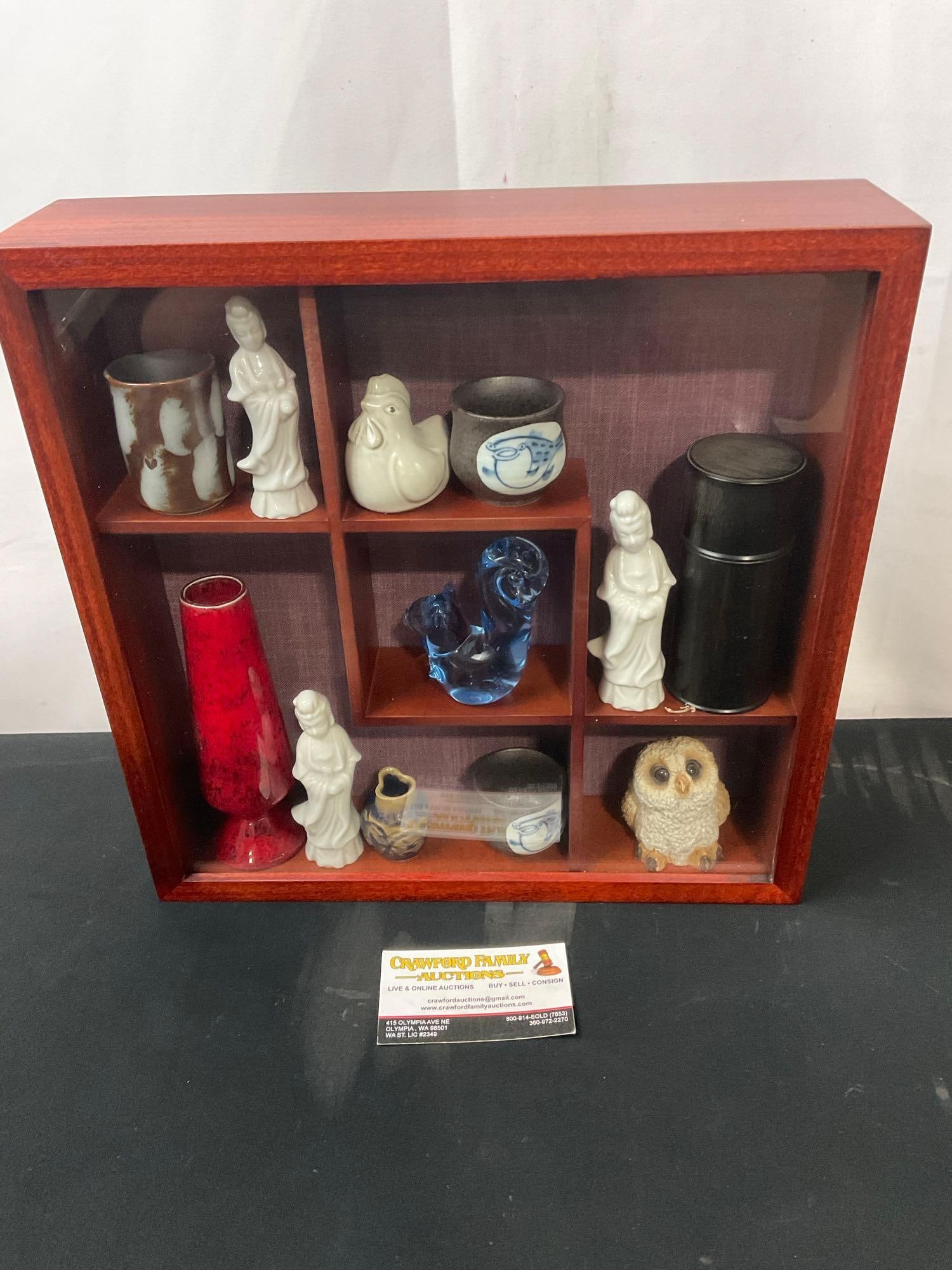 Shadowbox w/ Sake Cups, Vase, Guanyin Figures, Ceramic Hen, Glass Squirrel (1 of 4)
