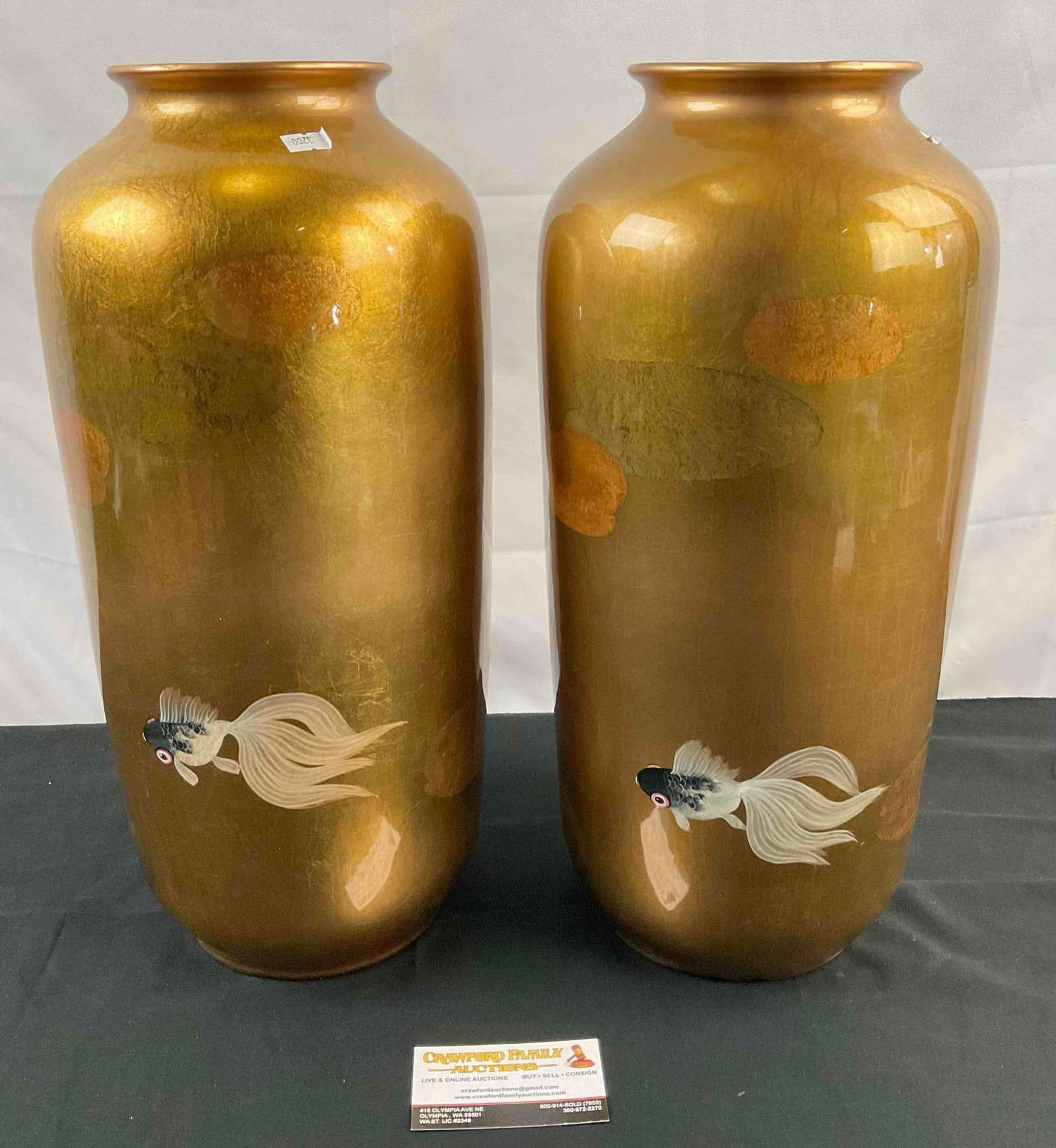 Pair of Large Gold Colored Glass Vases w/ Hand Painted Asian Goldfish Pond Design. See pics. (1 of 5)